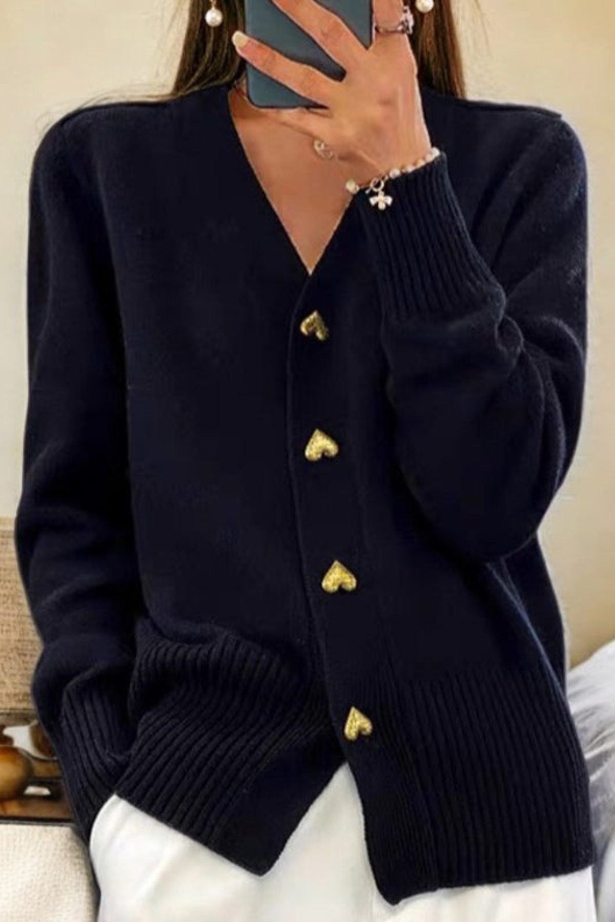 Women's Heart Button Cardigan V-Neck Long Sleeve Ribbed Knit Sweater