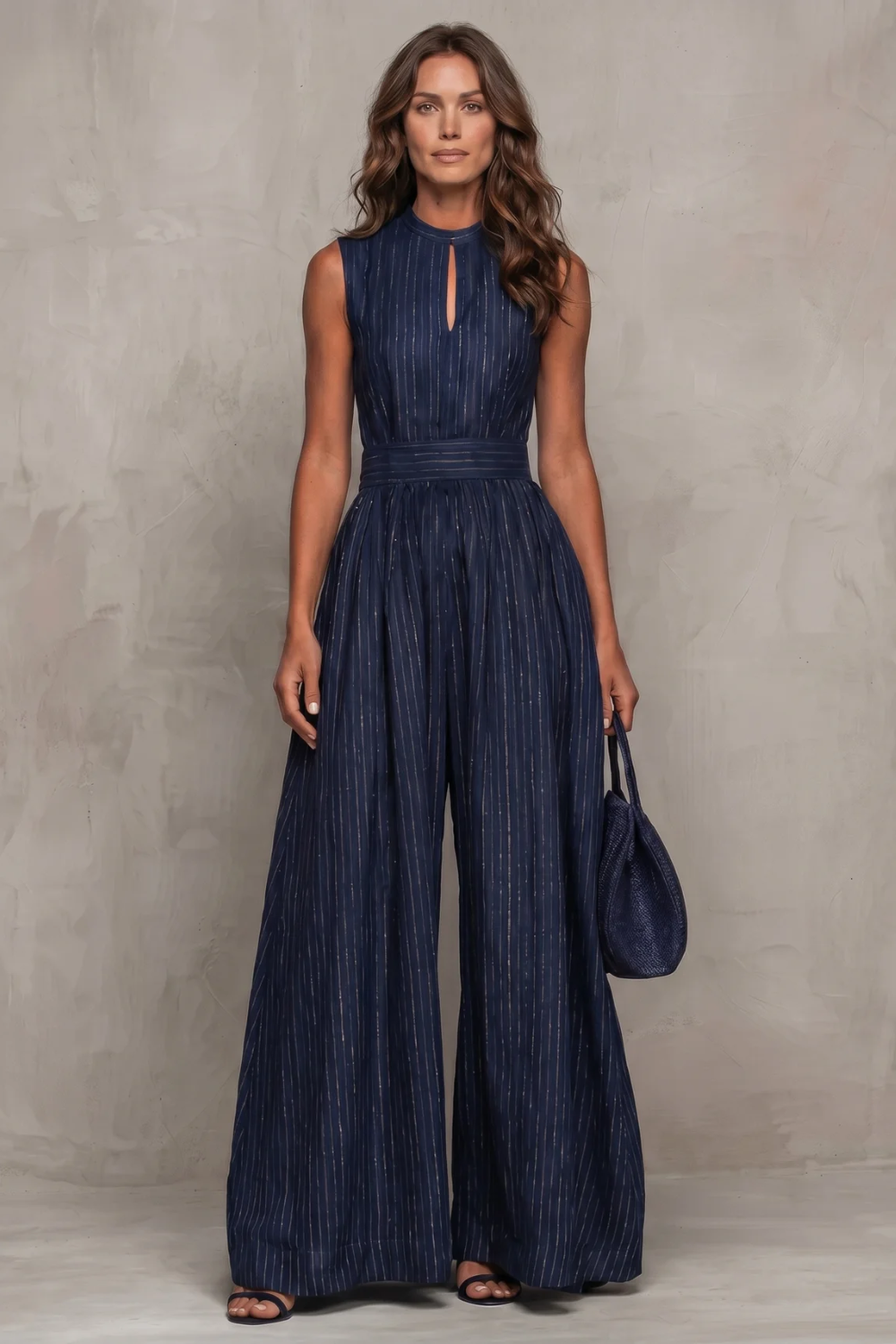 Women's Wide Leg Jumpsuit Sleeveless Keyhole Neck Striped Pinstripe