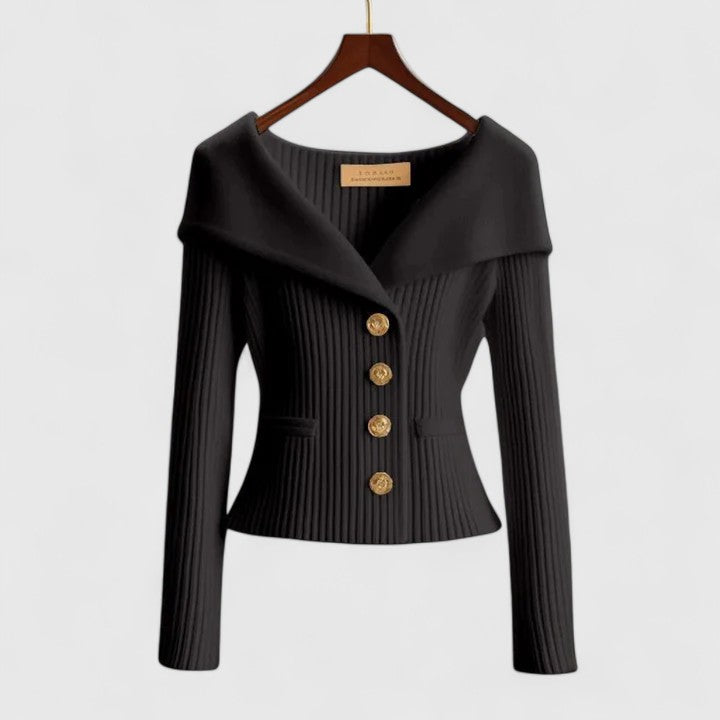 Women's Ribbed Knit Cardigan V-Neck Long Sleeve Button-Front Foldover Collar