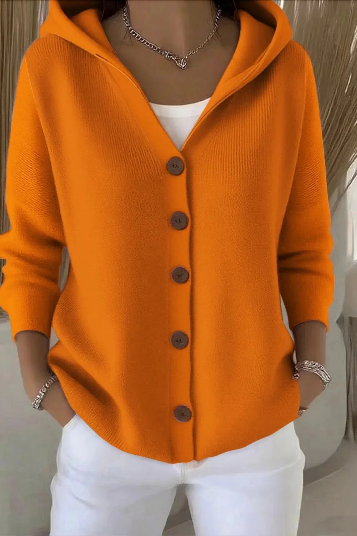 Women's Hooded Button-Front Cardigan Long Sleeve V-Neck Knit Everyday