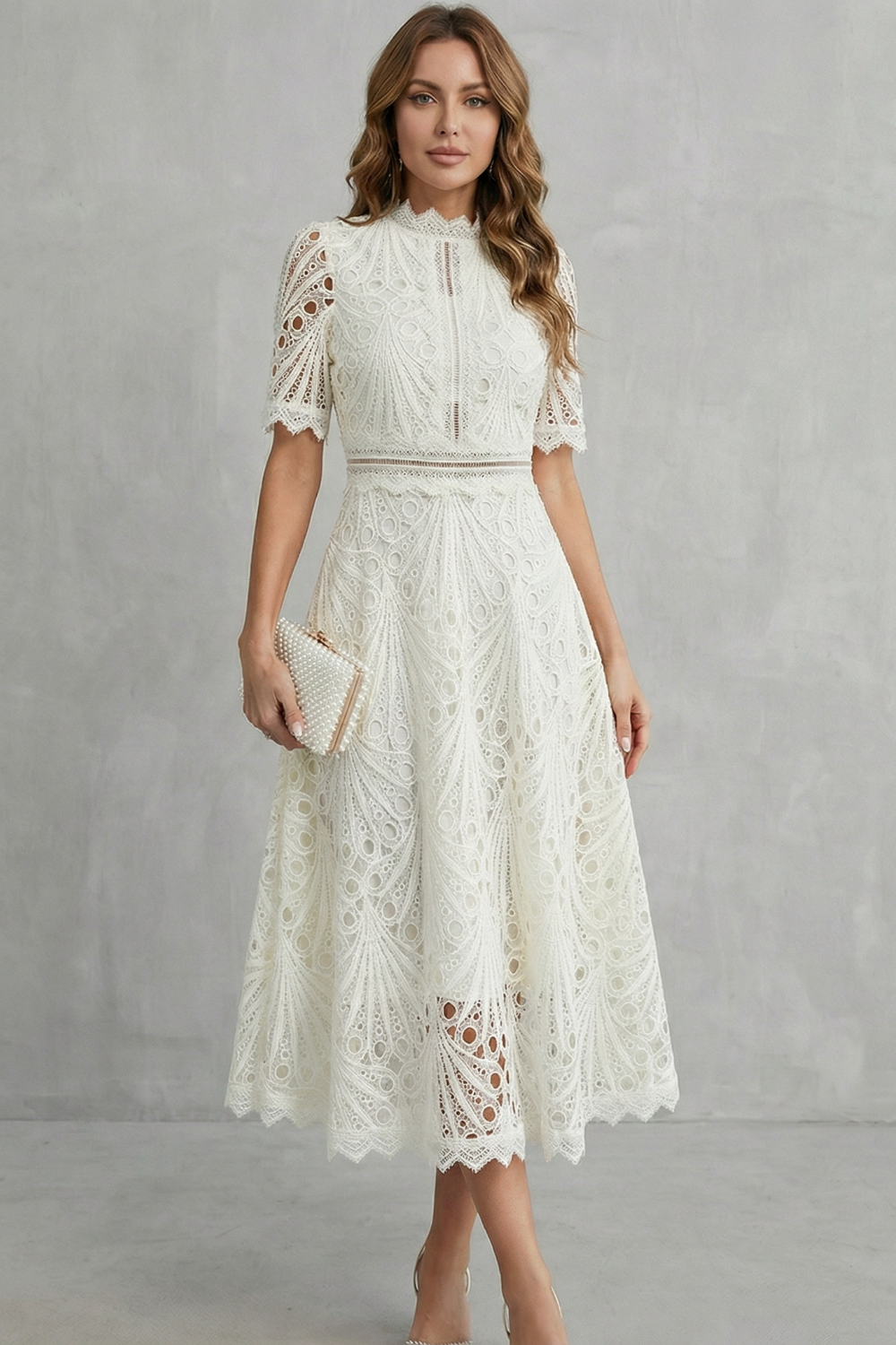 Women's Lace Midi Dress High Neck Short Sleeve Eyelet A-Line Cocktail Party