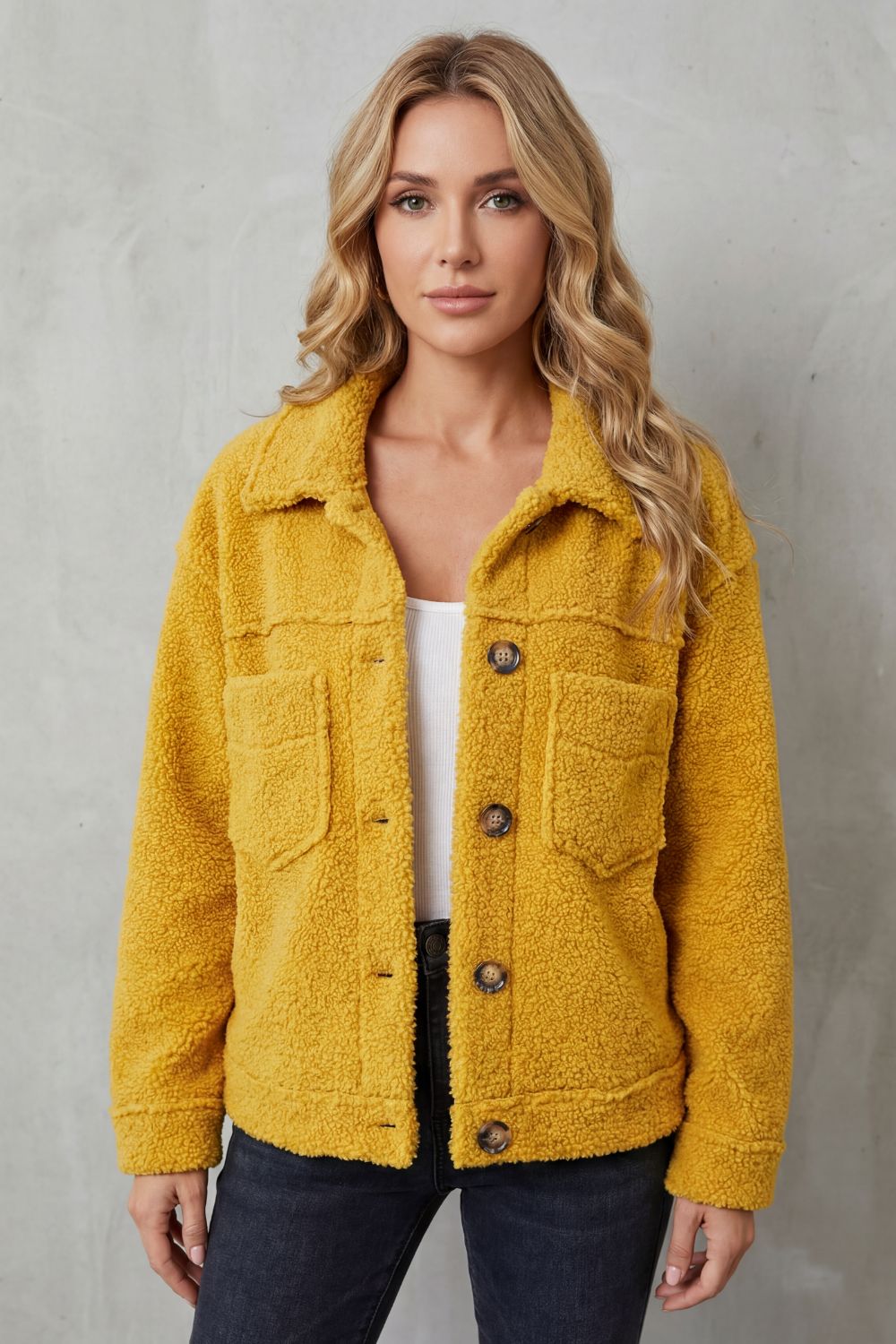 Women's Sherpa Fleece Jacket Button-Up Collared Long Sleeve Casual