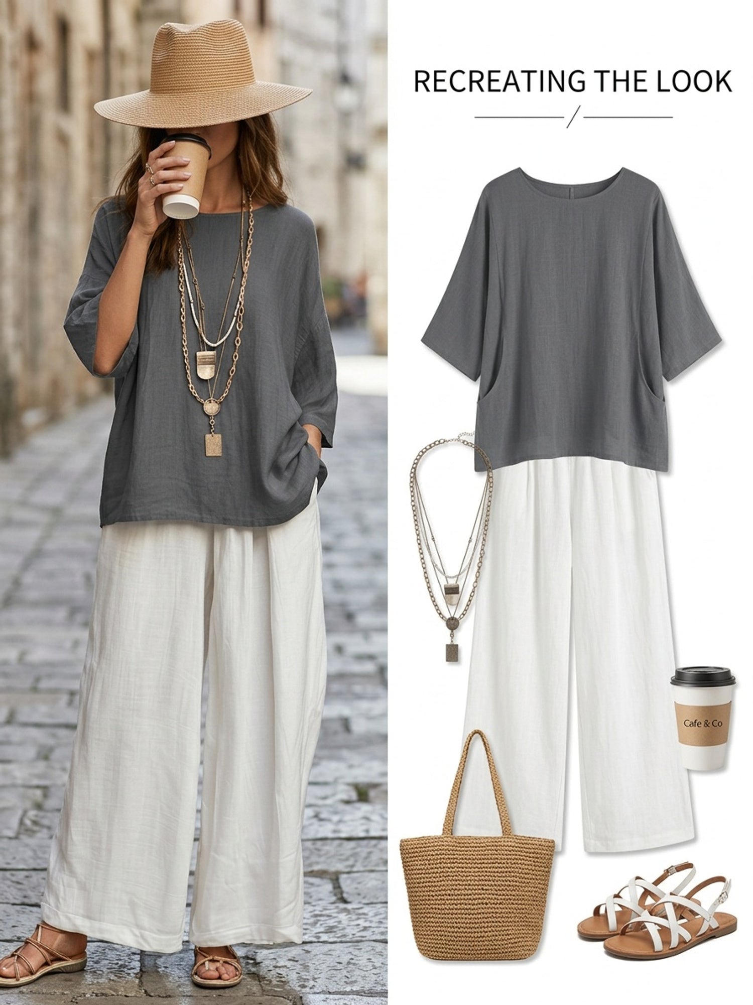 Women's 2pc Set Round Neck 3/4 Sleeve Loose Top High-Waist Wide-Leg Pants Casual Vacation