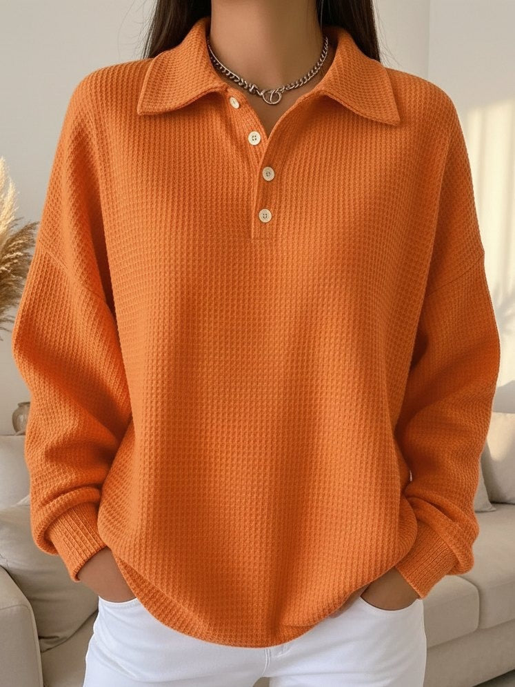 Women's Waffle Knit Polo Sweater Collared Button Long Sleeve Casual Pullover
