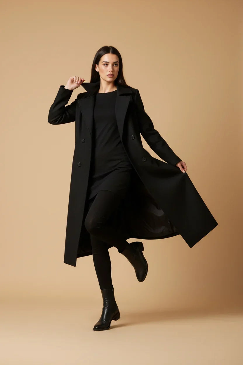 Women's Trench Coat Long Double-Breasted Belted Tailored Lined Winter Coat