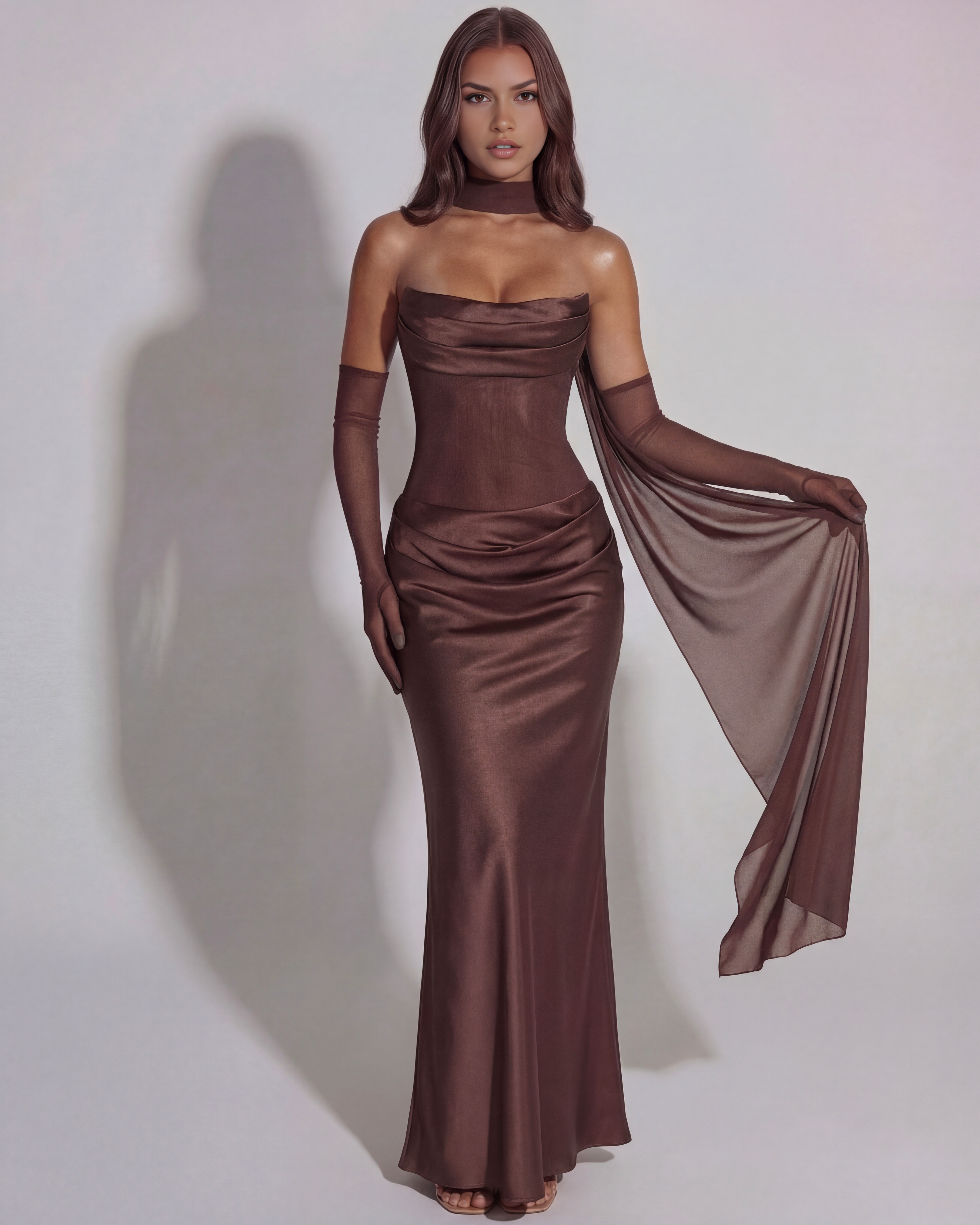 Women's Cowl Neck Satin Maxi Dress Strapless Corset Gloves Evening Gown