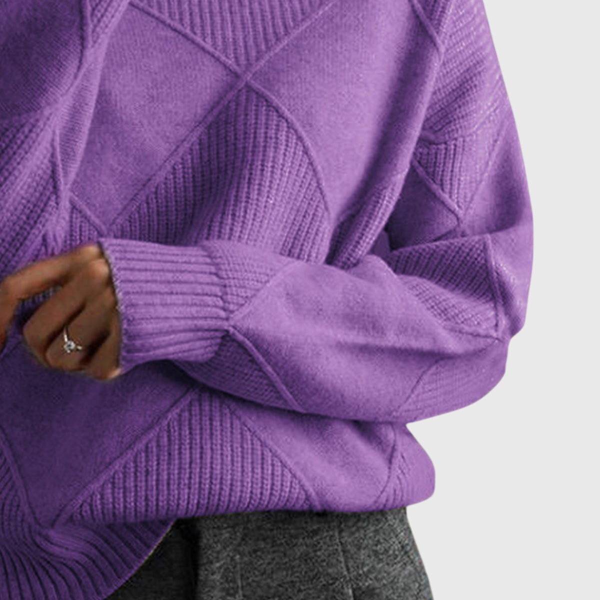 Women's Turtleneck Sweater Argyle Textured Long Sleeve Knit Pullover Winter
