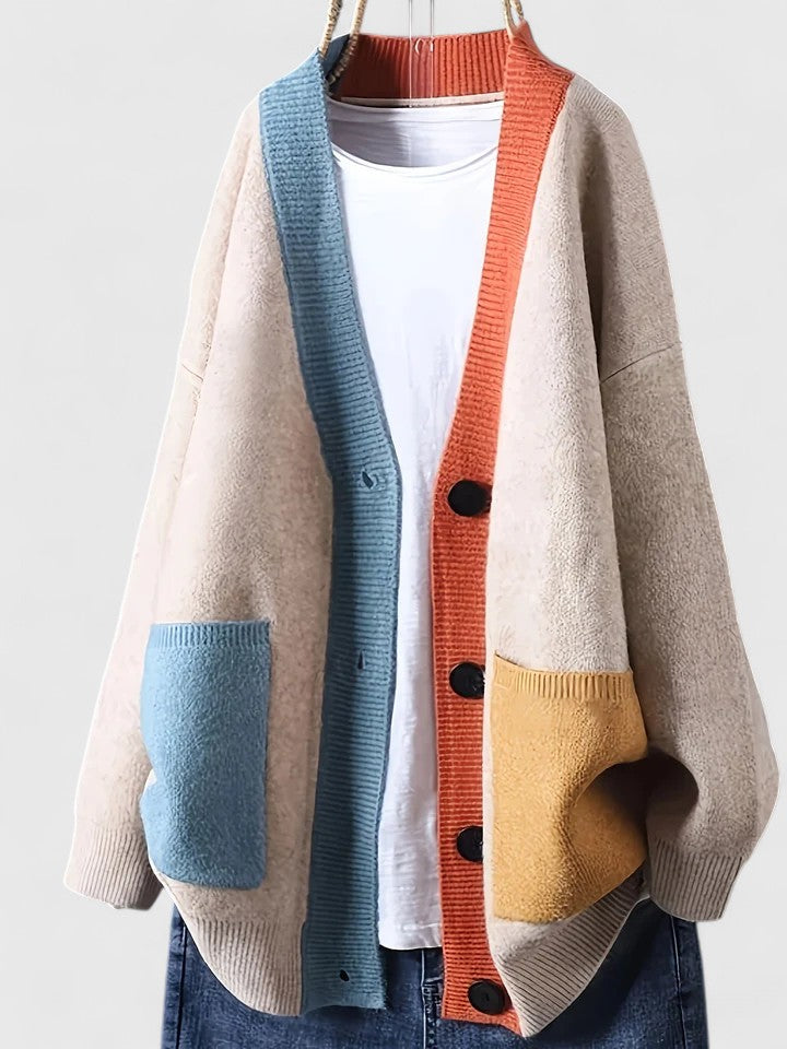Women's Color Block Cardigan V-Neck Long Sleeve Button-Down Oversized Knit