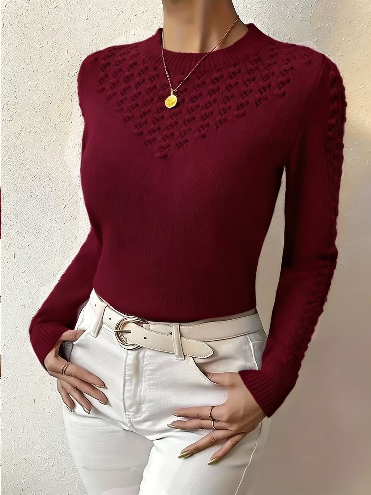 Women's Pointelle Crew Neck Sweater Long Sleeve Knit Casual Pullover