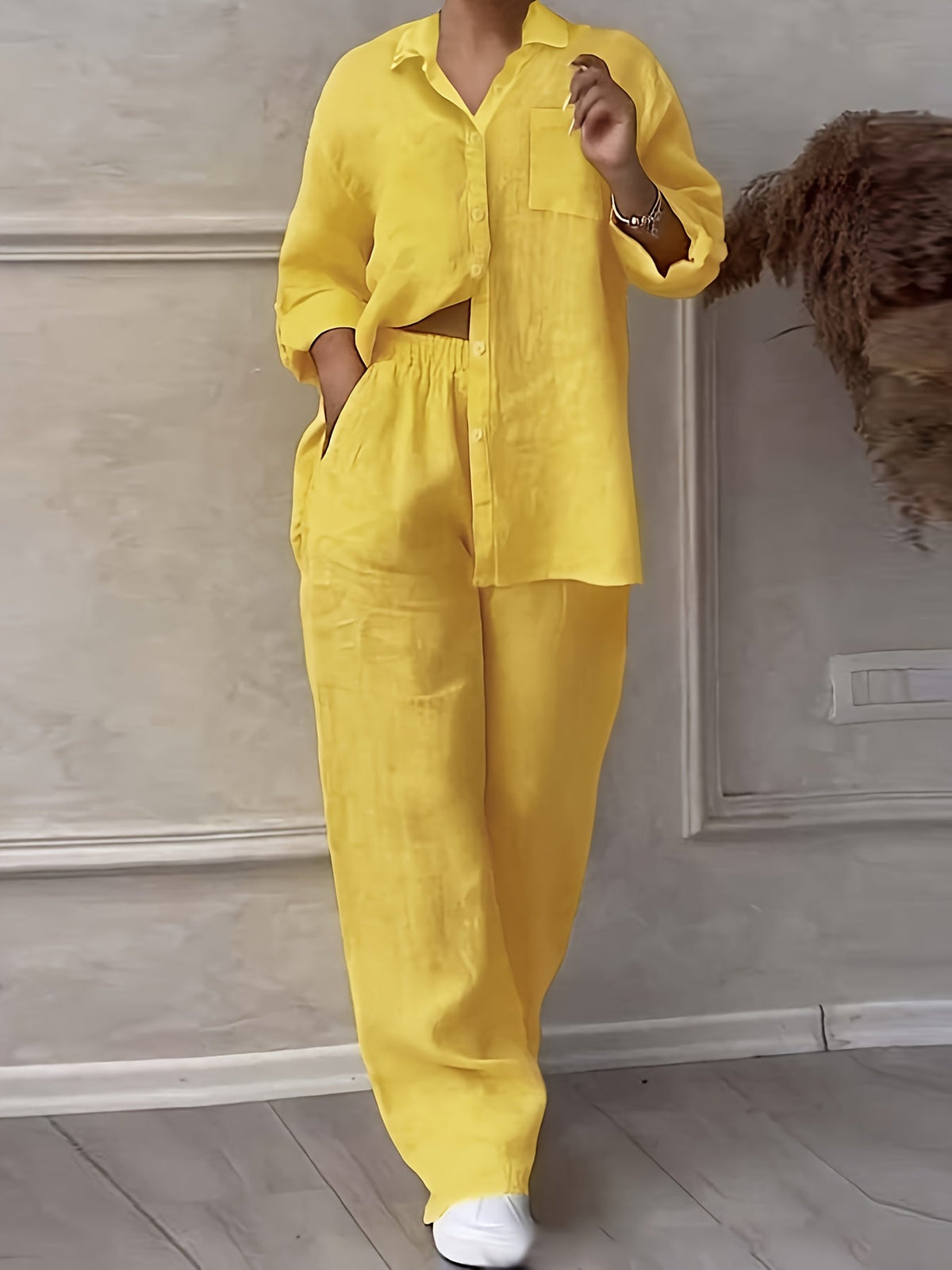Women's Button Down Shirt and Wide-Leg Pants Set Collar Long Sleeve Slim Fit Casual Outfit