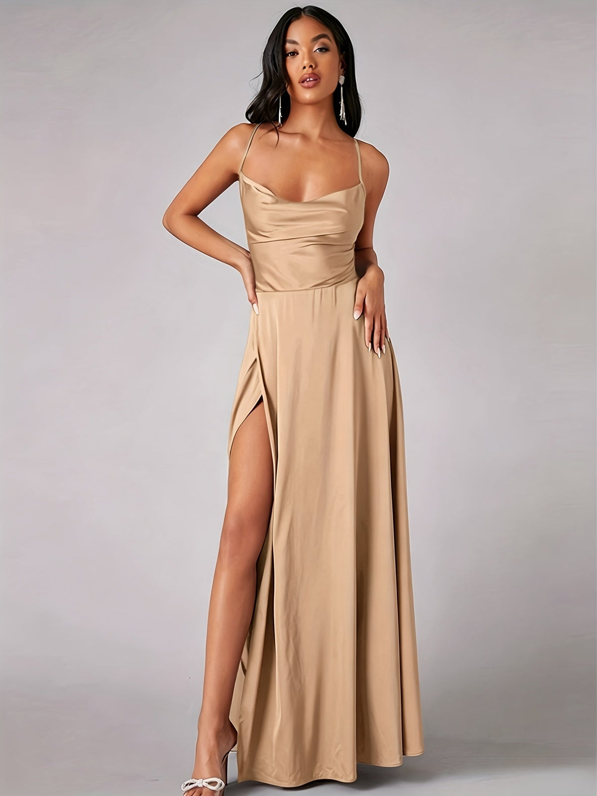 Women's Backless Maxi Dress Cowl Neck Spaghetti Strap Side Split Lace-Up Party Evening Gown