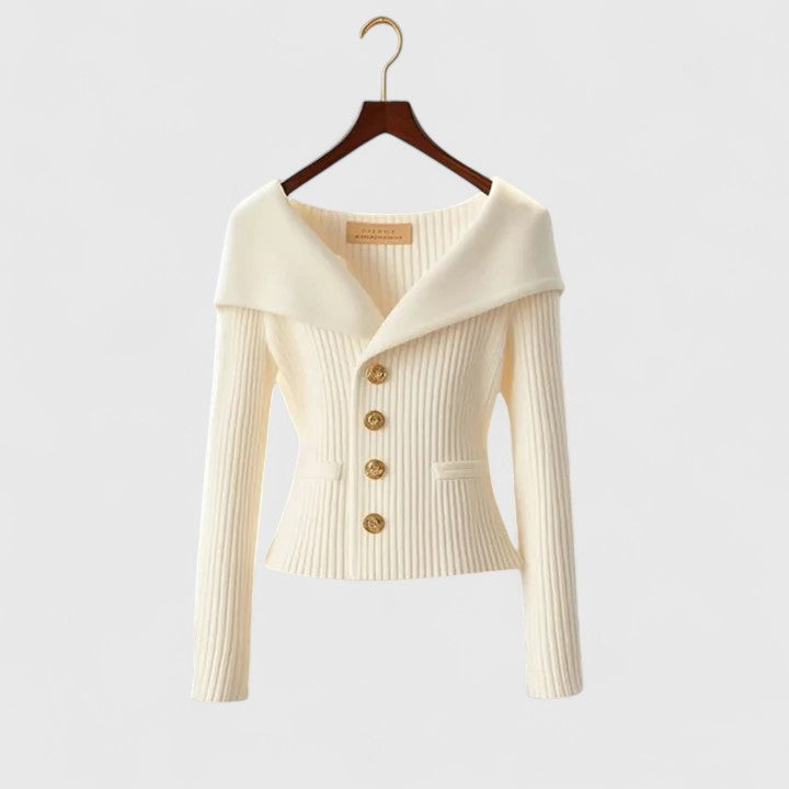 Women's Ribbed Knit Cardigan V-Neck Long Sleeve Button-Front Foldover Collar