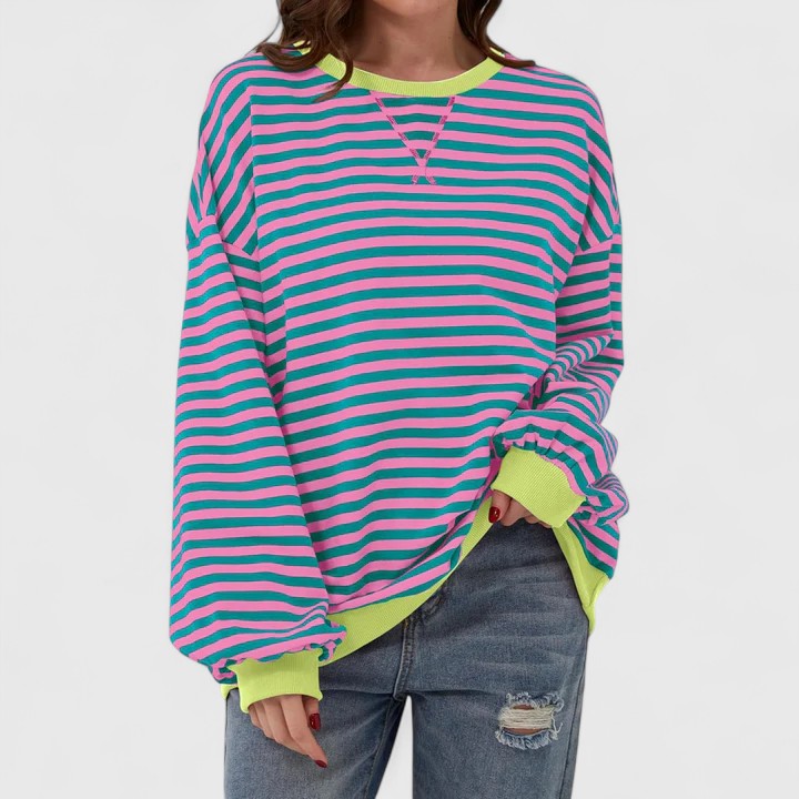 Women's Striped Oversized Crewneck Pullover Sweater Long Sleeve Casual Top