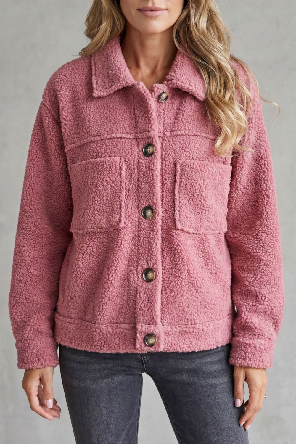 Women's Sherpa Fleece Jacket Button-Up Collared Long Sleeve Casual