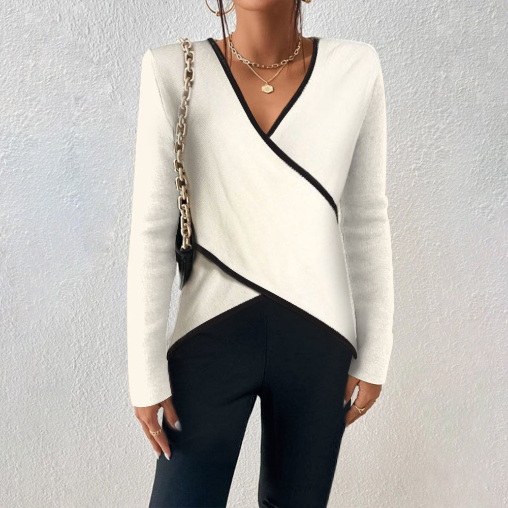 Women's V-Neck Wrap Knit Sweater Long Sleeve Contrast Trim Casual Top
