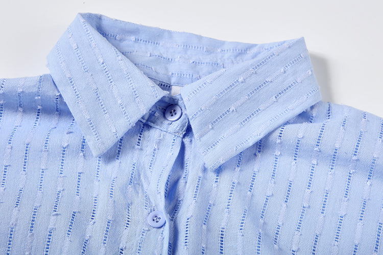 Women's Oversized Shirt Short Set Long Sleeve Button-Down Striped Casual Summer Outfit