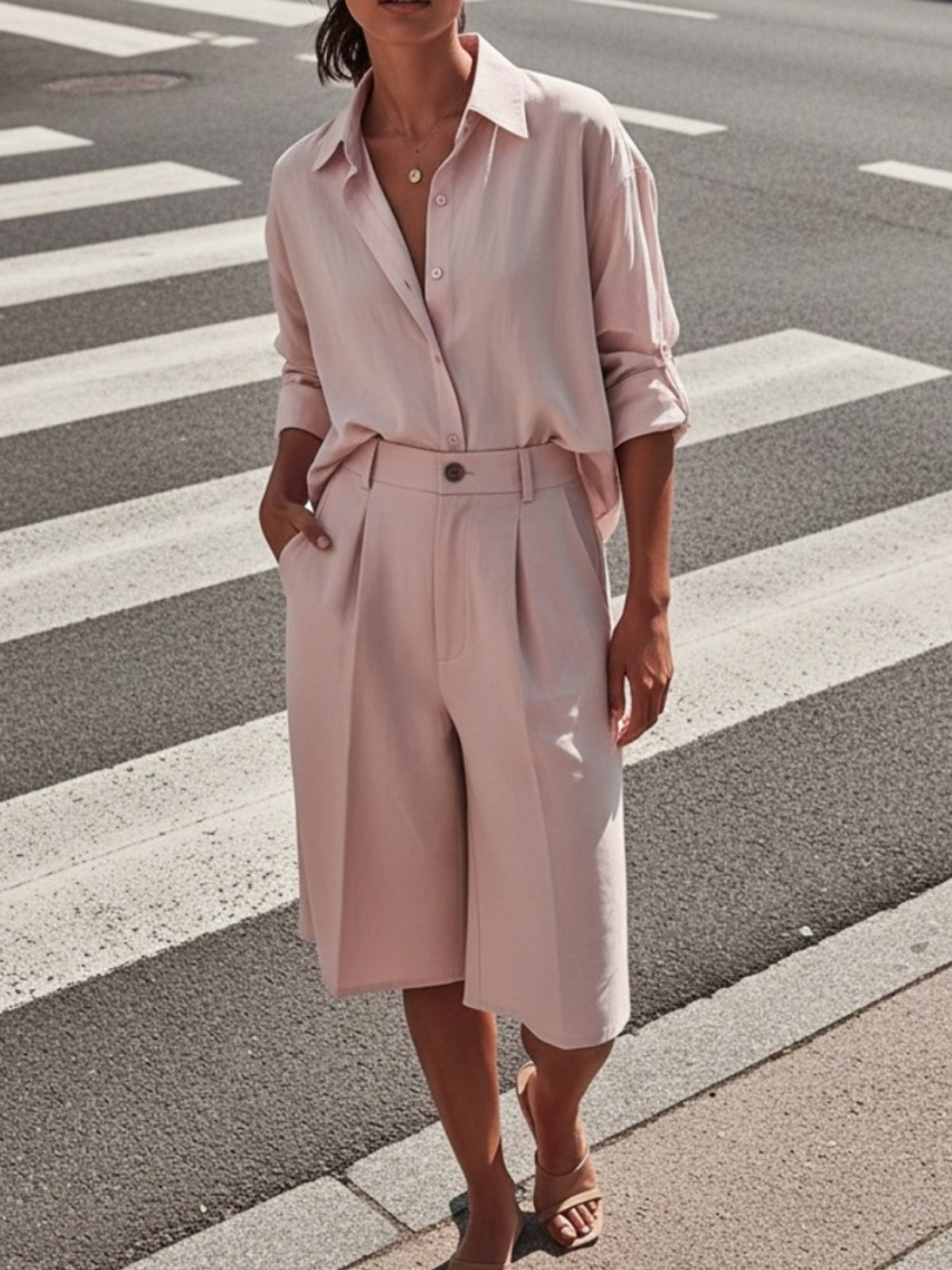 Women's Casual Set Solid Color Button-Up Shirt Long Sleeve Collared Bermuda Shorts