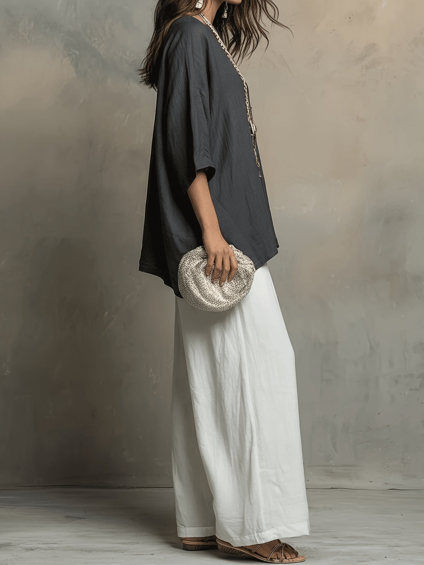 Women's 2pc Set Round Neck 3/4 Sleeve Loose Top High-Waist Wide-Leg Pants Casual Vacation