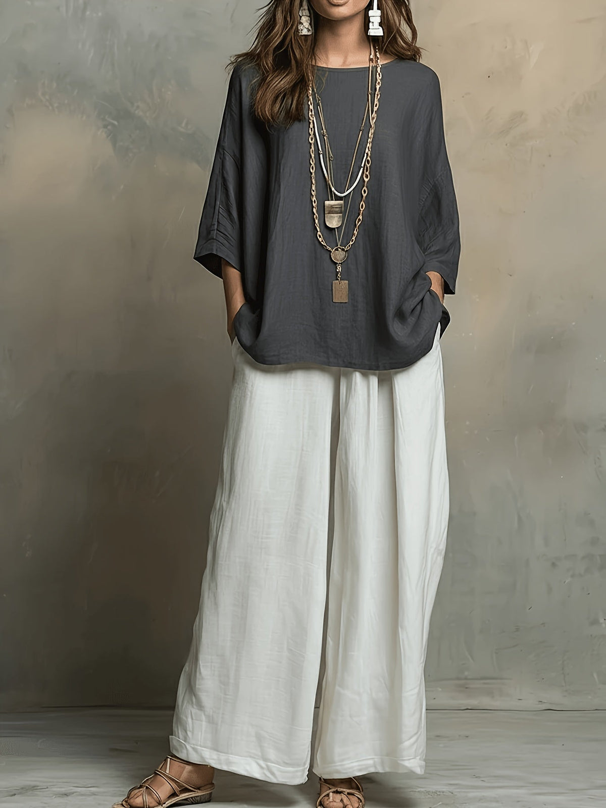 Women's 2pc Set Round Neck 3/4 Sleeve Loose Top High-Waist Wide-Leg Pants Casual Vacation