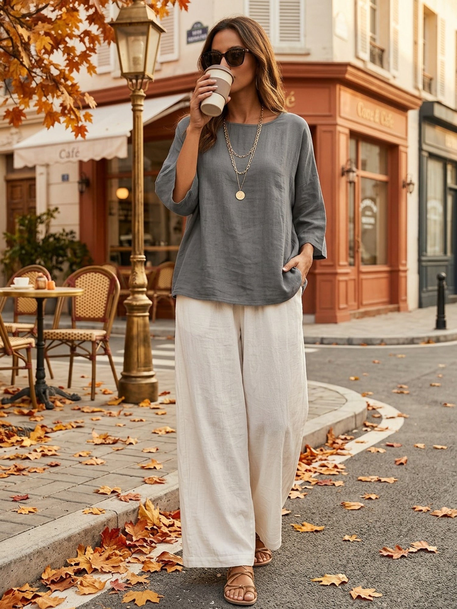 Women's 2pc Set Round Neck 3/4 Sleeve Loose Top High-Waist Wide-Leg Pants Casual Vacation
