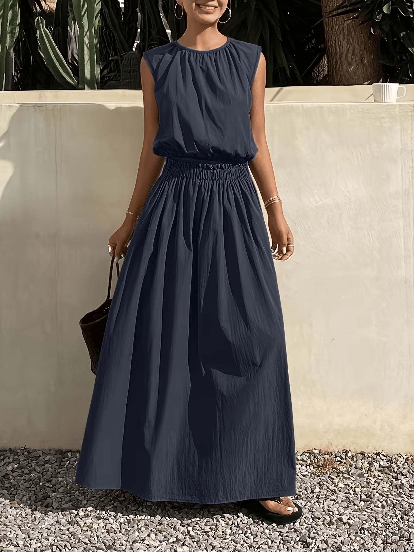 Women's Sleeveless Top and High-Waist Maxi Skirt 2pcs Set Round Neck Casual Outfit
