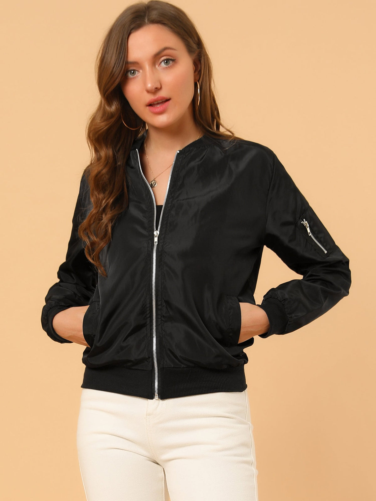 Women's Bomber Jacket Zip Up Stand Collar Long Sleeve Ribbed Cuff Casual Outerwear