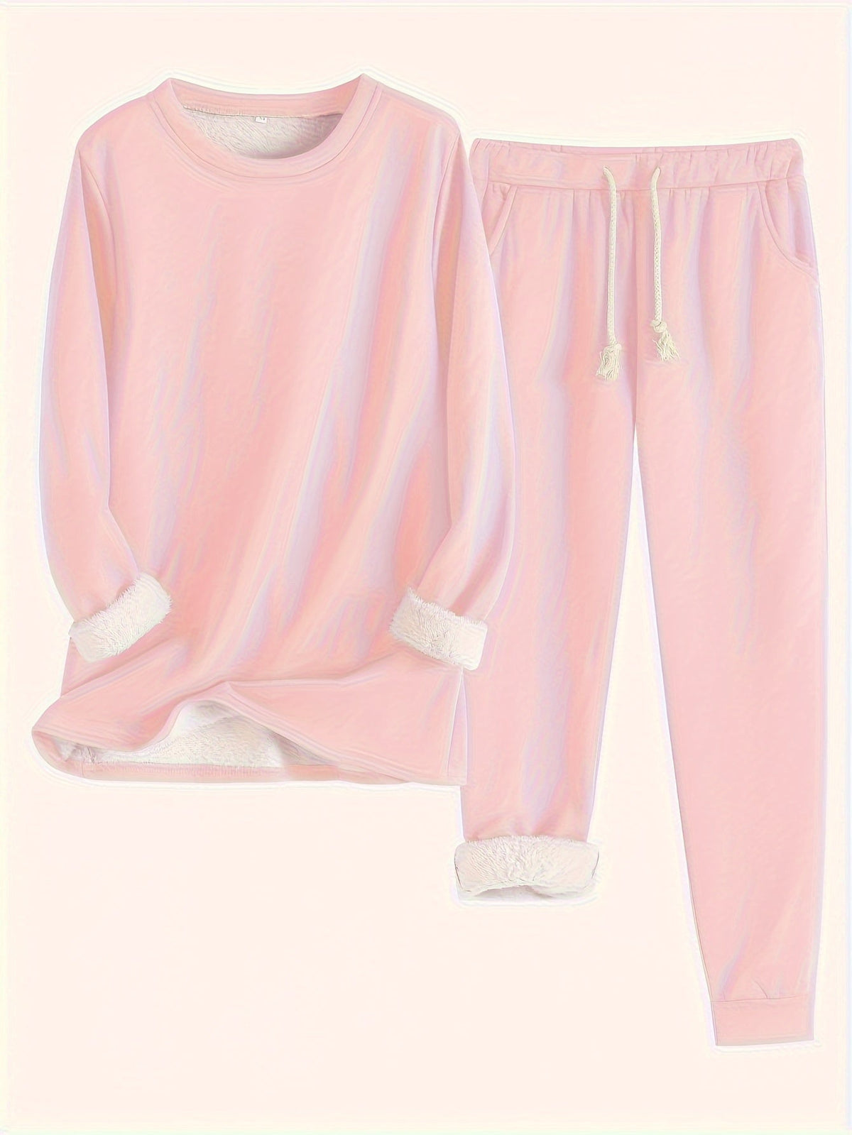 Women's Fleece-Lined Base Layer Set Round Neck Long Sleeve Top Drawstring Joggers Casual