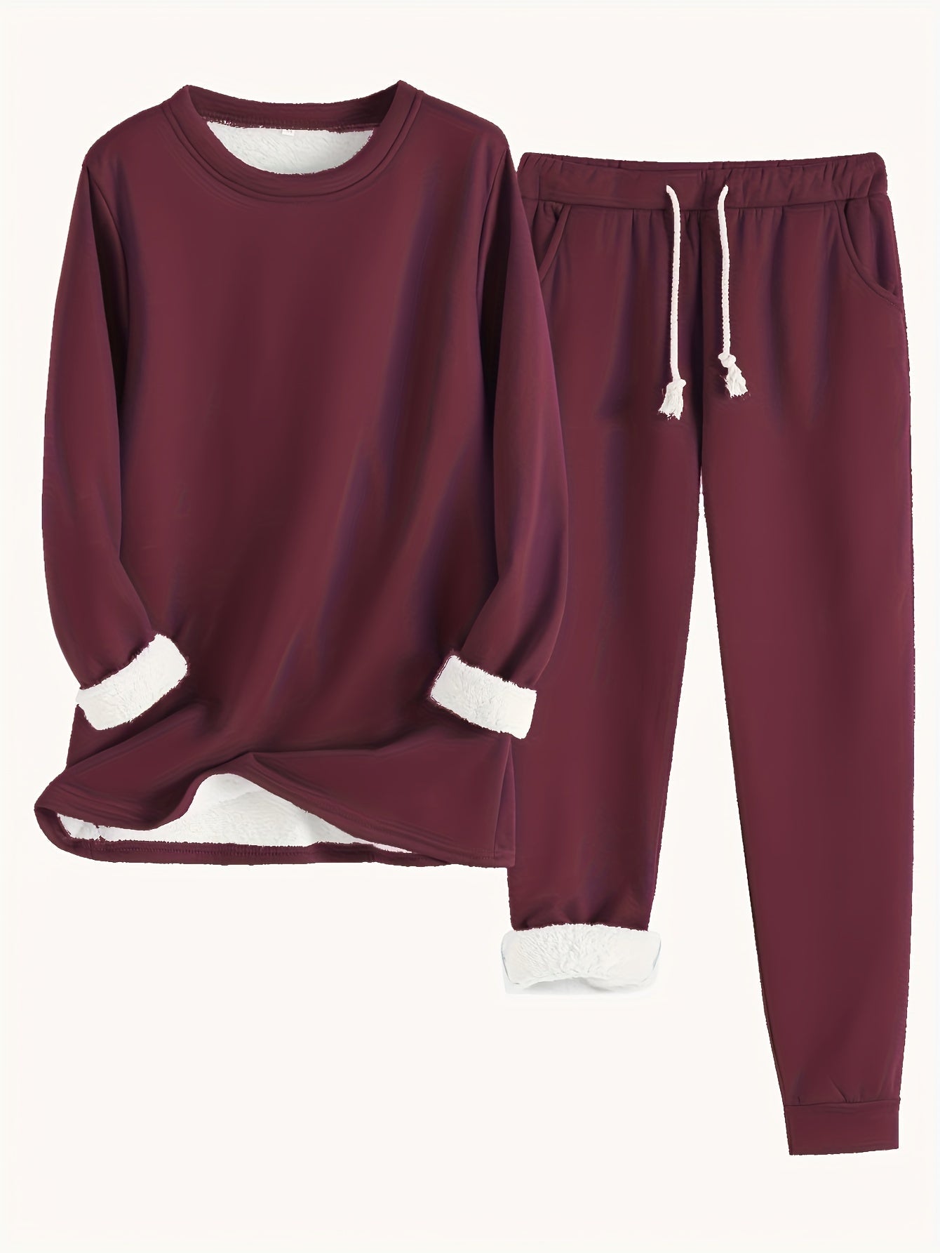 Women's Fleece-Lined Base Layer Set Round Neck Long Sleeve Top Drawstring Joggers Casual