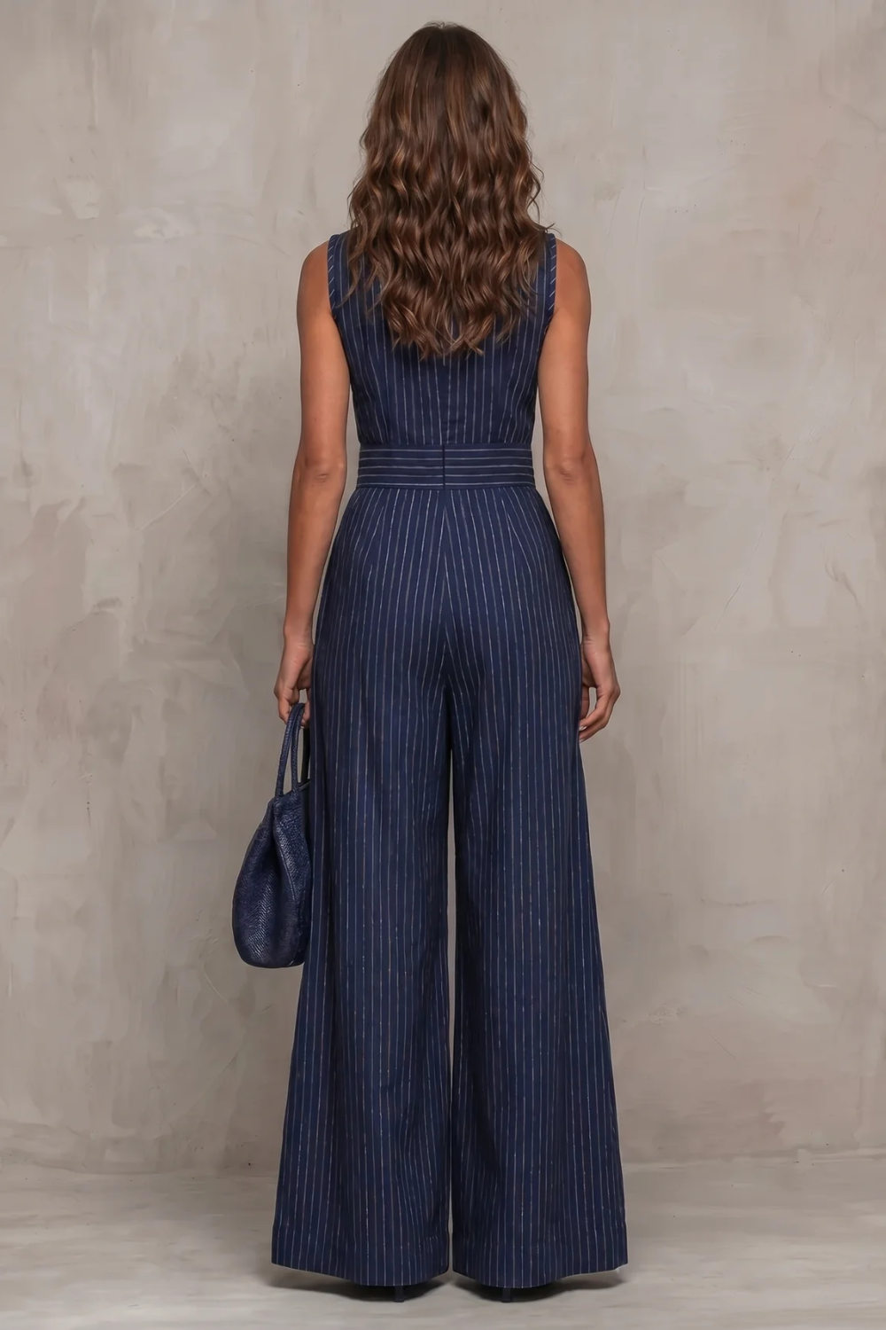 Women's Wide Leg Jumpsuit Sleeveless Keyhole Neck Striped Pinstripe