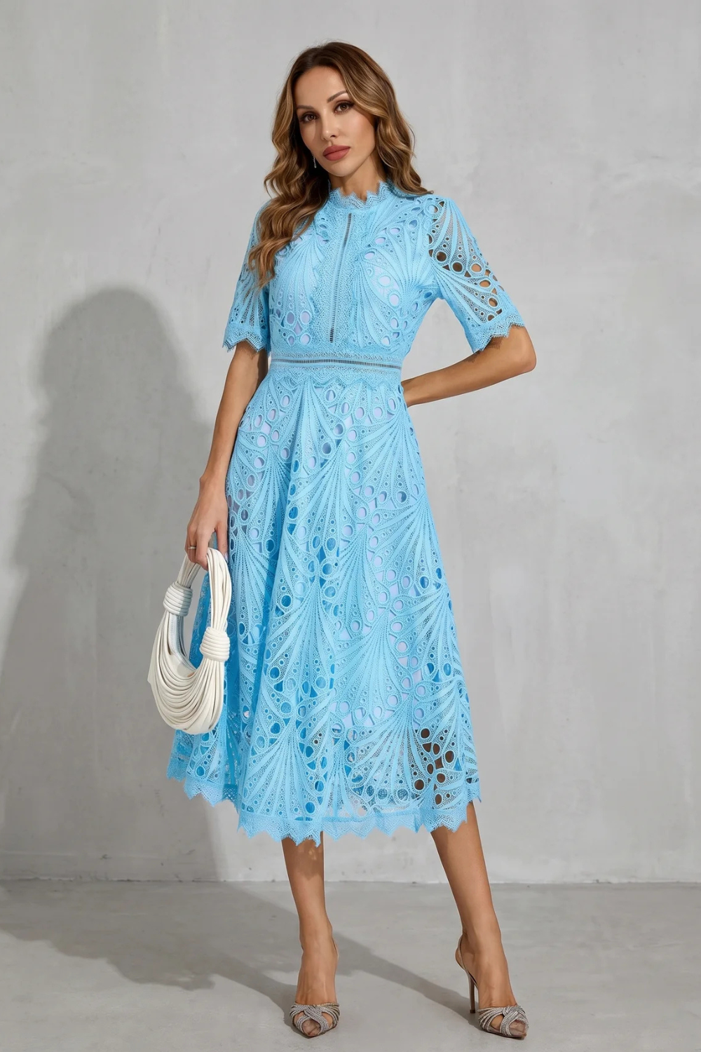 Women's Lace Midi Dress High Neck Short Sleeve Eyelet A-Line Cocktail Party