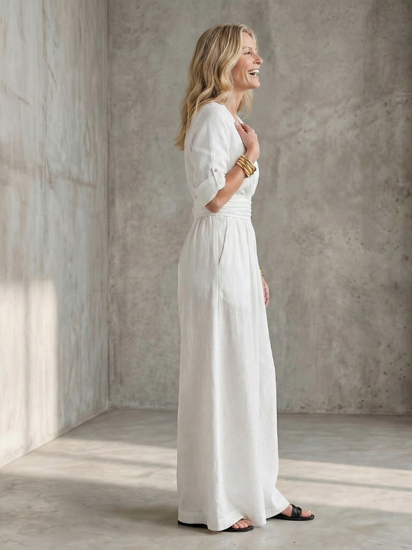 Women's Cross Front Wide Leg Jumpsuit V-Neck Rolled Sleeve Belted Casual