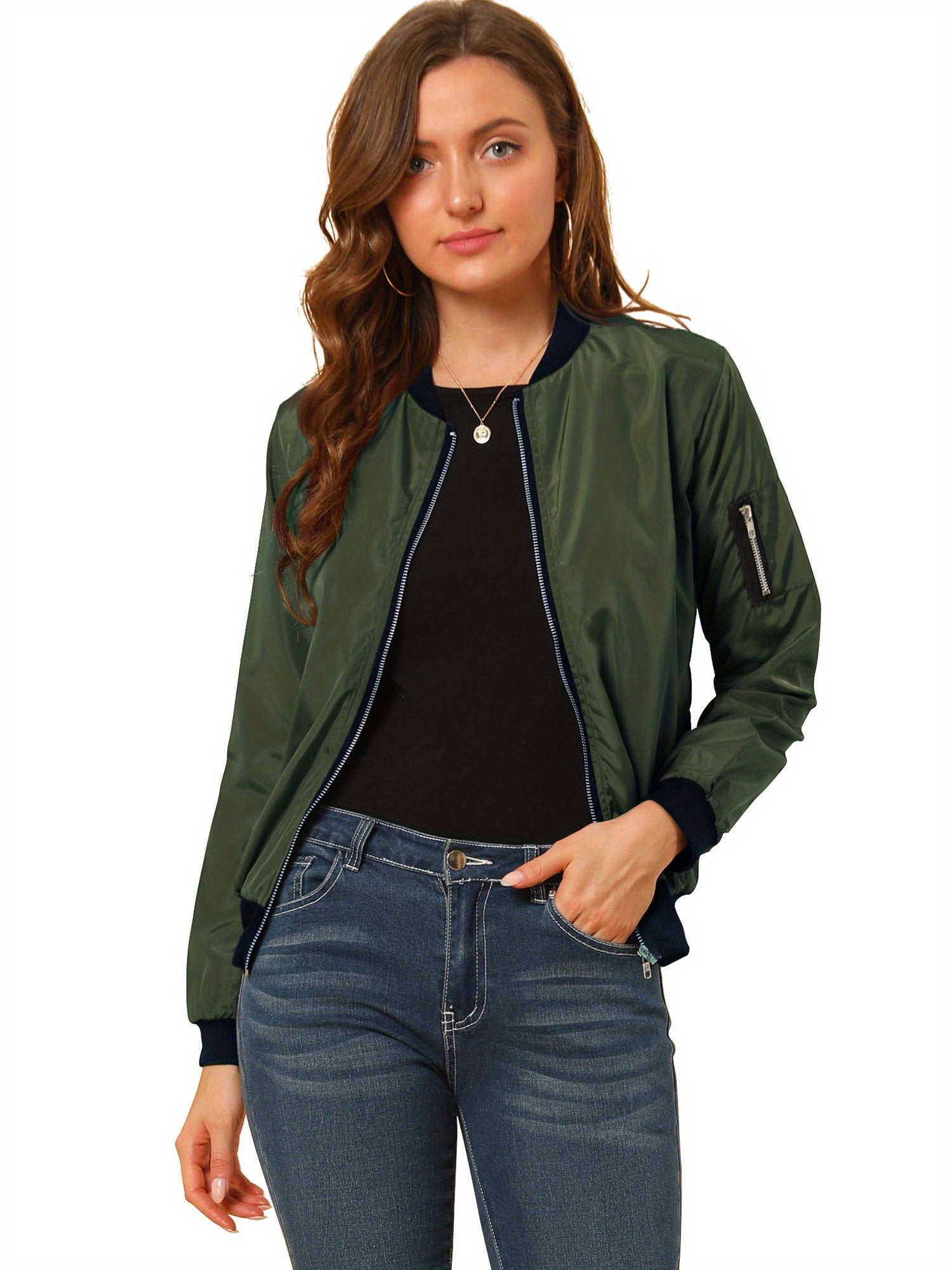 Women's Bomber Jacket Zip Up Stand Collar Long Sleeve Ribbed Cuff Casual Outerwear