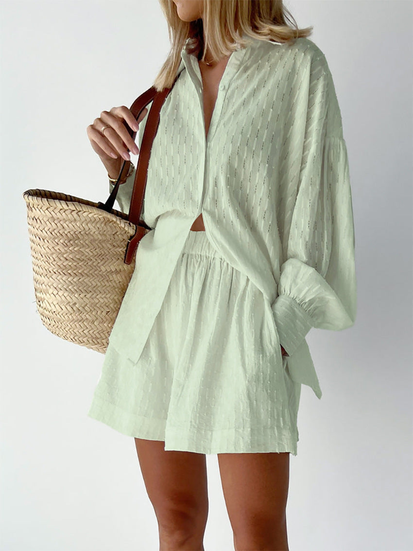 Women's Oversized Shirt Short Set Long Sleeve Button-Down Striped Casual Summer Outfit