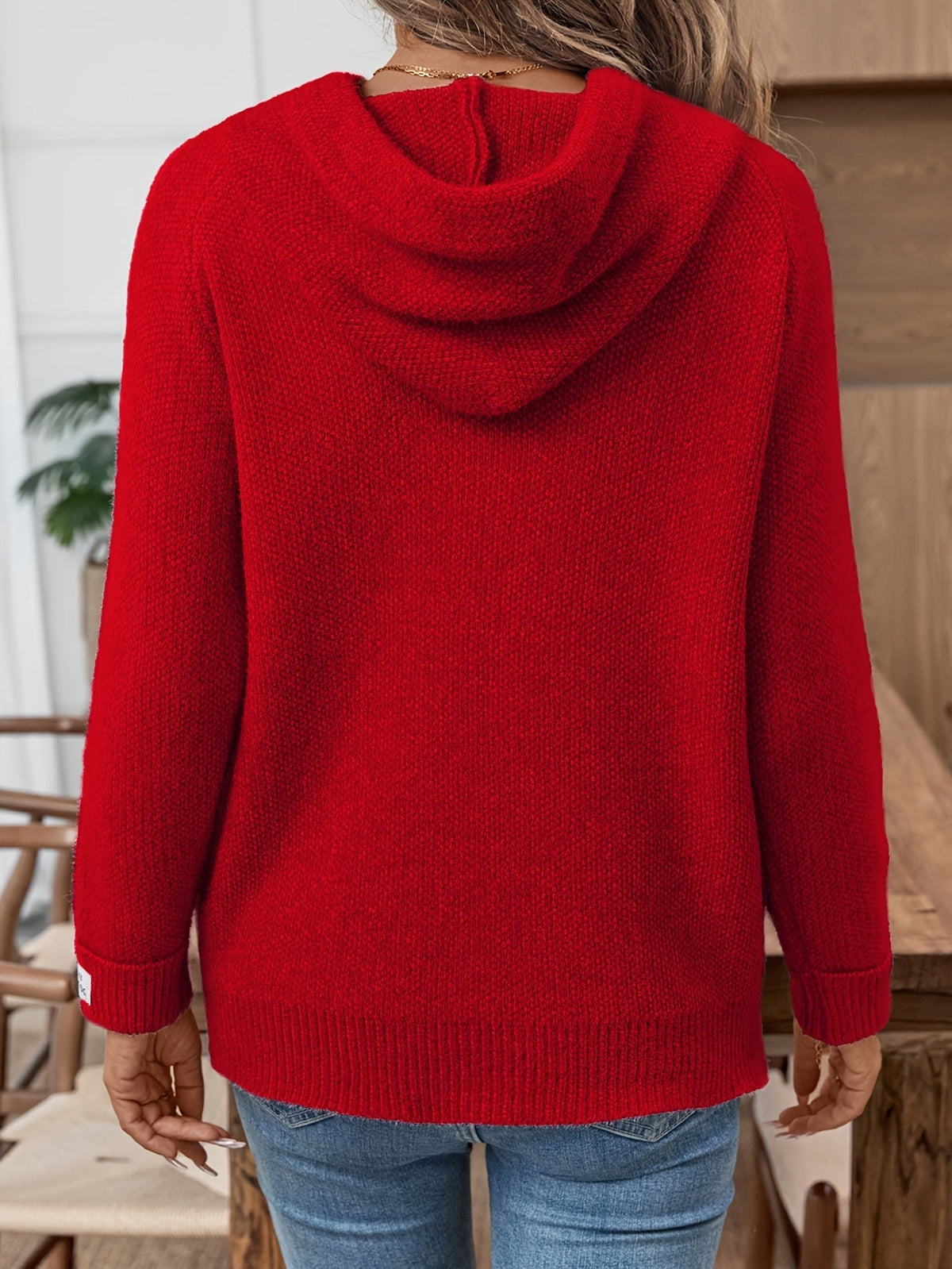 Women's Hooded Knit Sweater Long Sleeve Drawstring Patch Cuffs Casual Pullover