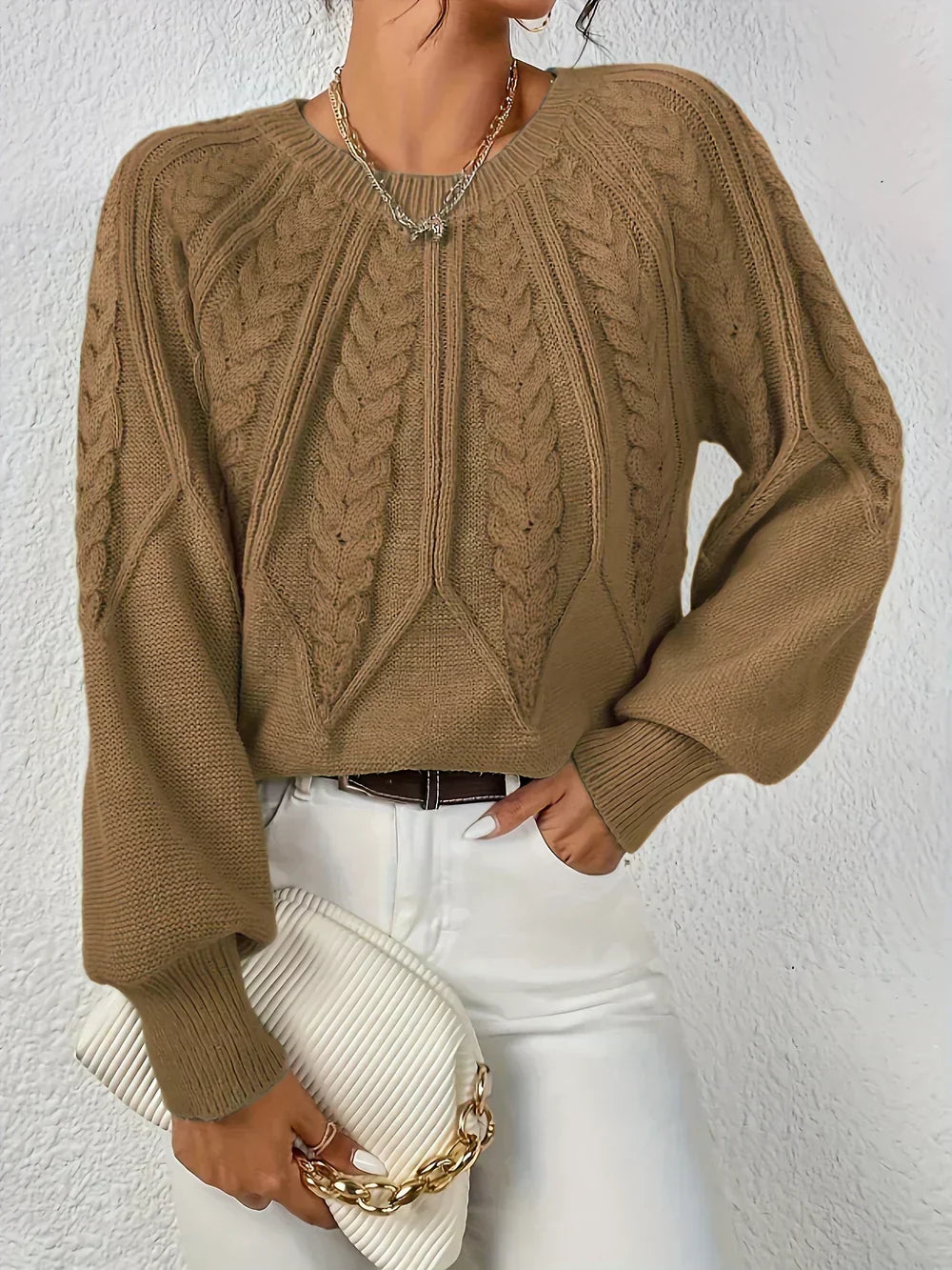 Women's Cable Knit Sweater Round Neck Long Sleeve Raglan Pullover Casual