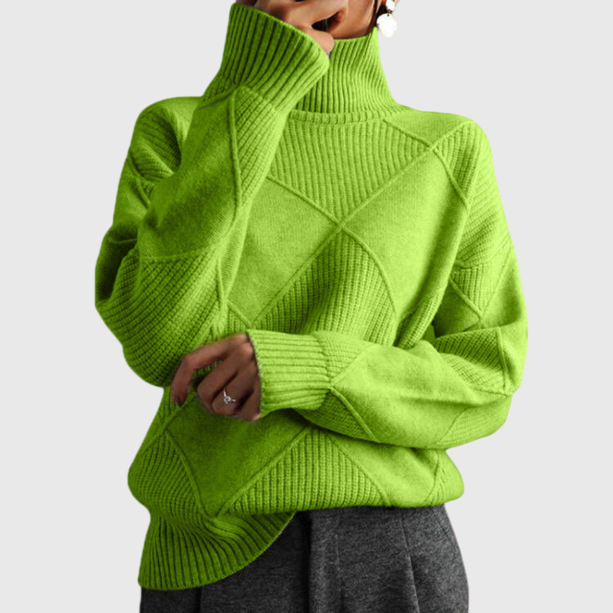 Women's Turtleneck Sweater Argyle Textured Long Sleeve Knit Pullover Winter