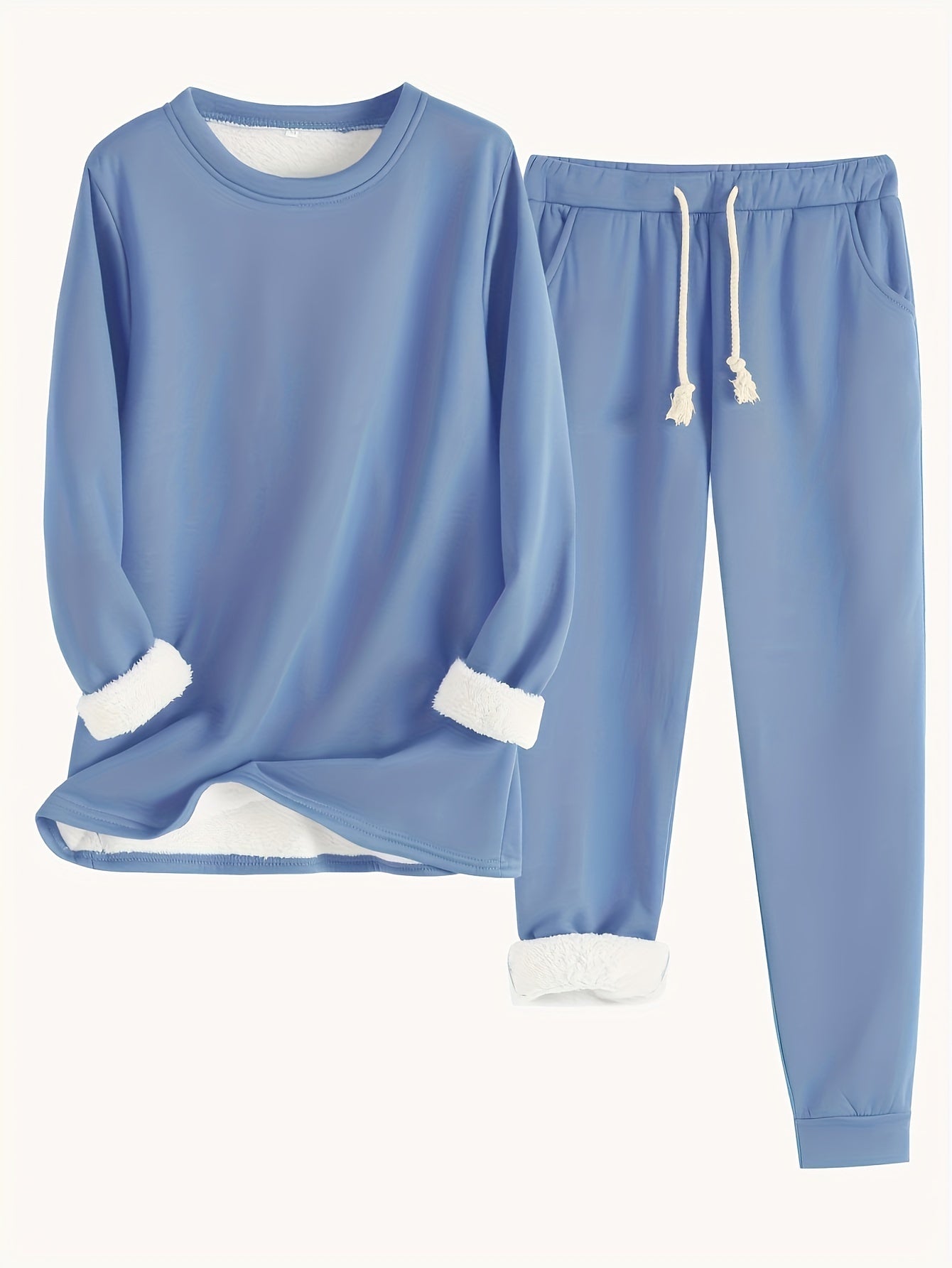 Women's Fleece-Lined Base Layer Set Round Neck Long Sleeve Top Drawstring Joggers Casual