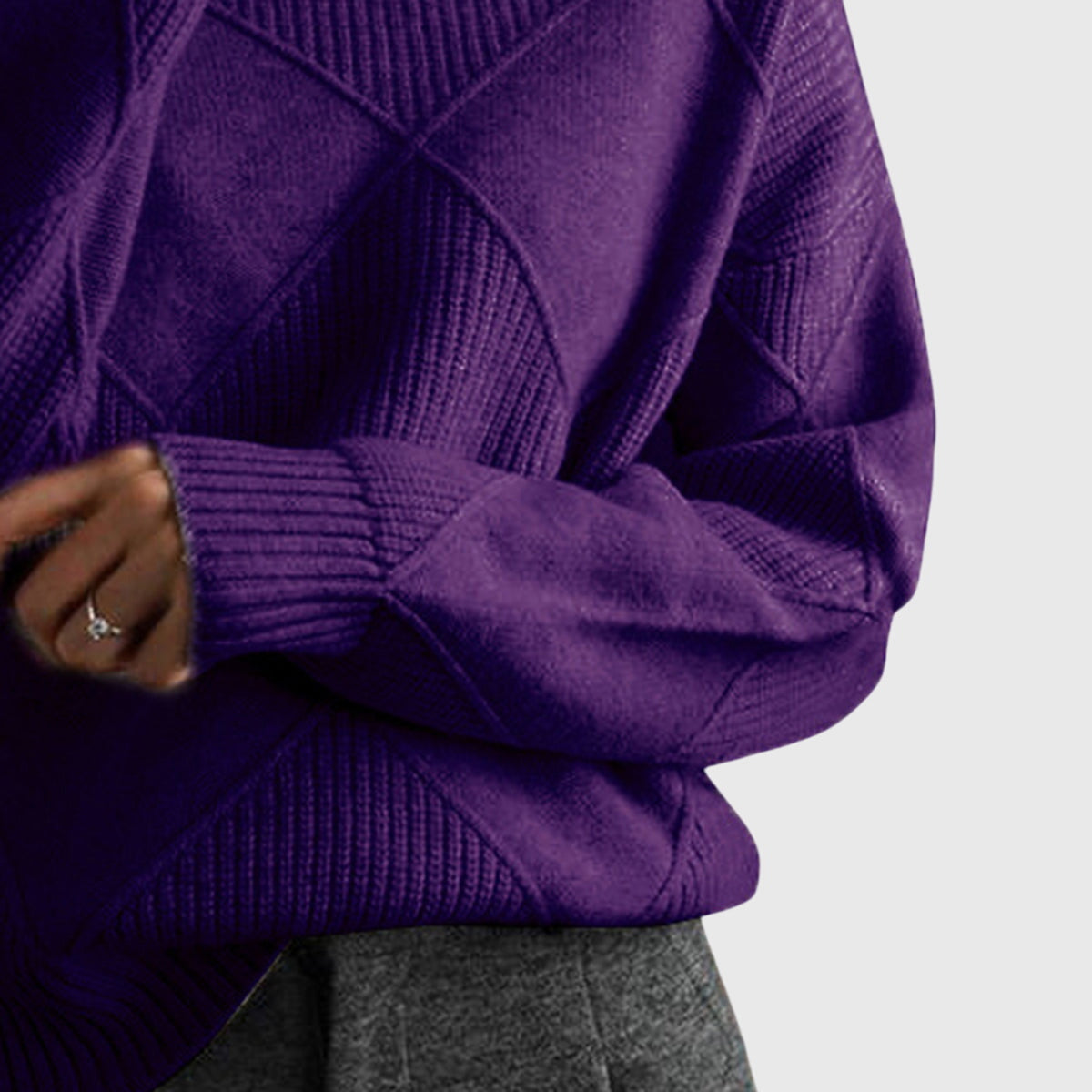 Women's Turtleneck Sweater Argyle Textured Long Sleeve Knit Pullover Winter