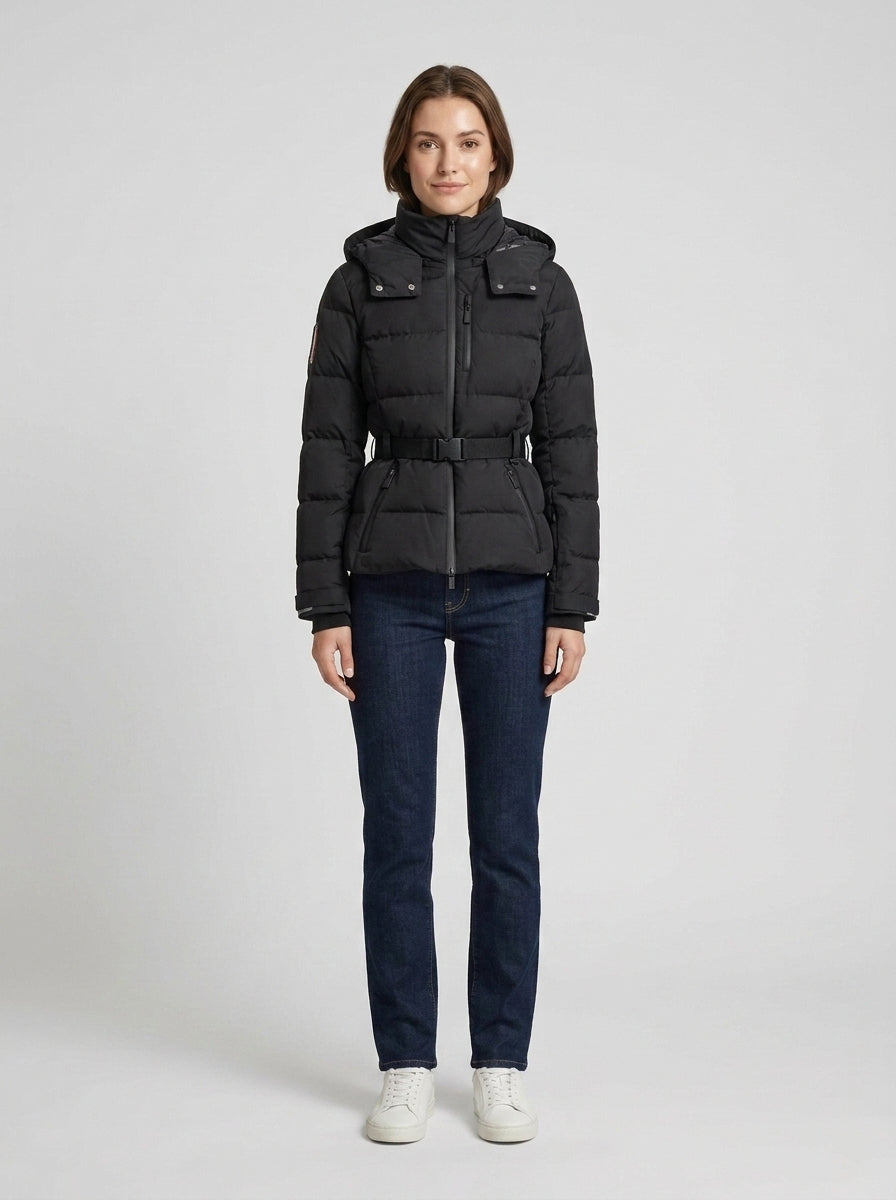 Women's Puffer Jacket Hooded Quilted Belted Insulated Zip Winter Warm