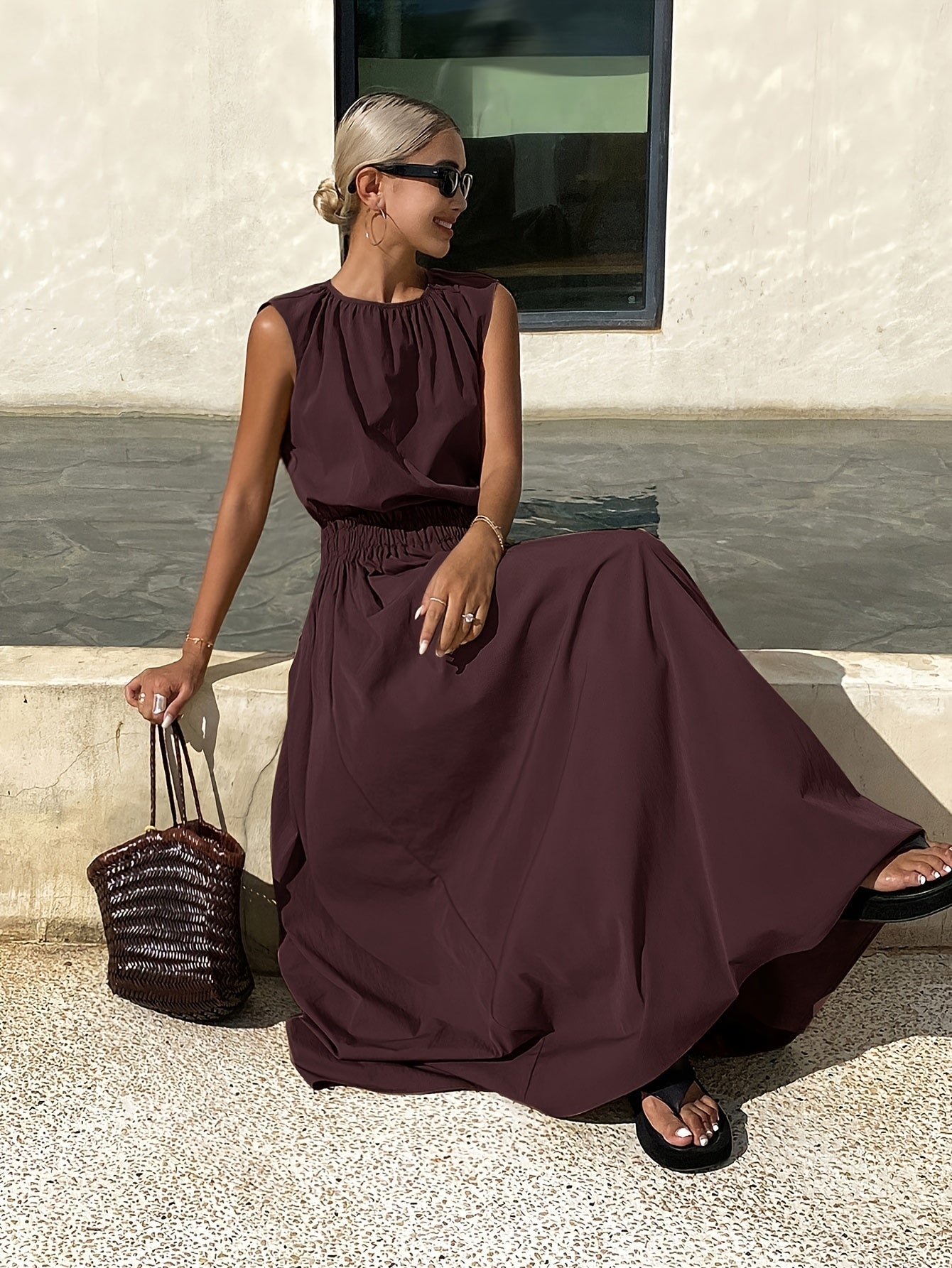 Women's Sleeveless Top and High-Waist Maxi Skirt 2pcs Set Round Neck Casual Outfit