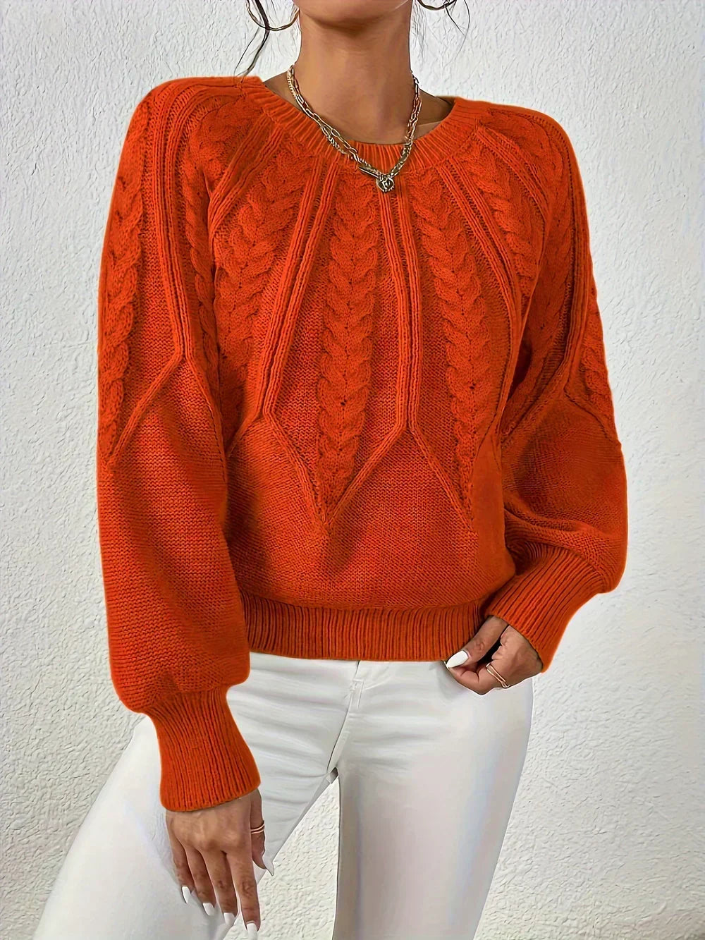 Women's Cable Knit Sweater Round Neck Long Sleeve Raglan Pullover Casual