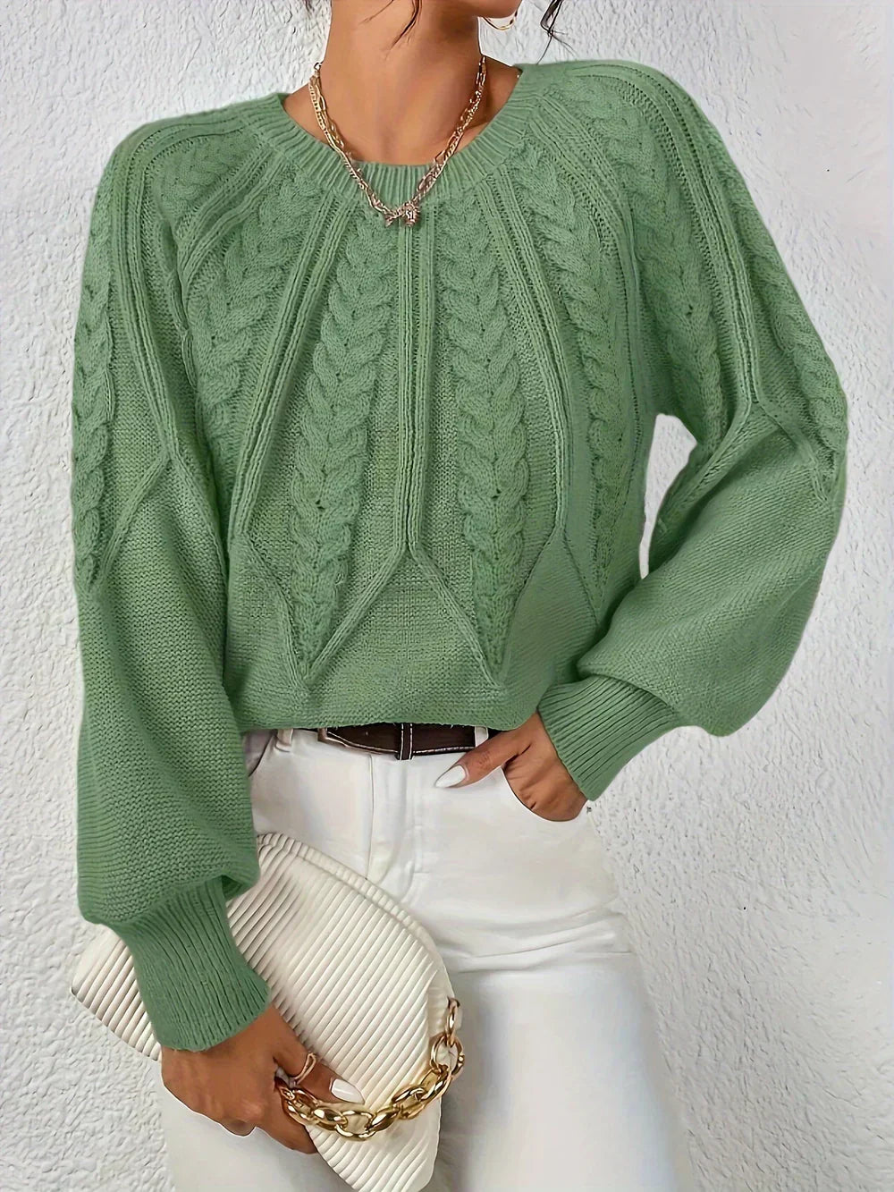 Women's Cable Knit Sweater Round Neck Long Sleeve Raglan Pullover Casual