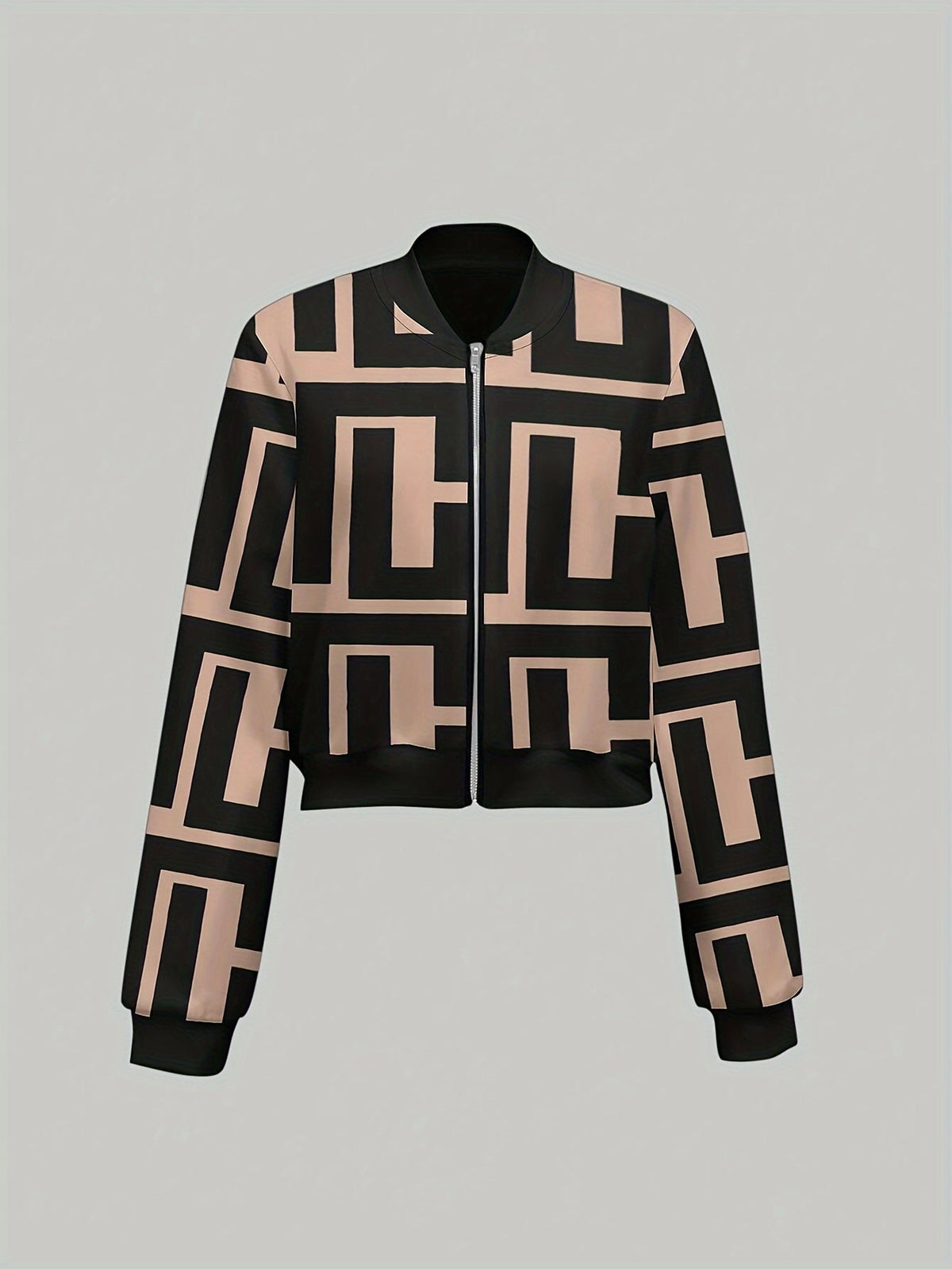 Women's Bomber Jacket Geometric Print Zip-Up Long Sleeve Ribbed Cuff Casual Wear
