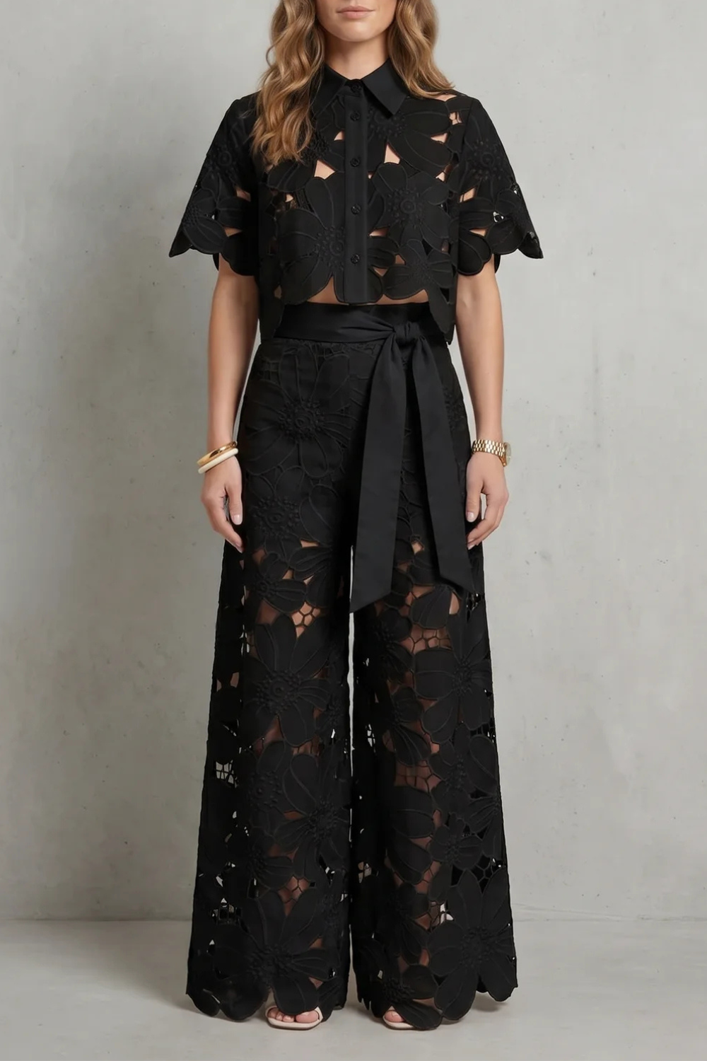 Women's Floral Lace Cutout Crop Top & Wide Leg Pants Set White Short Sleeve