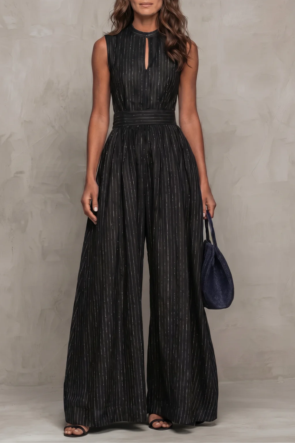 Women's Wide Leg Jumpsuit Sleeveless Keyhole Neck Striped Pinstripe