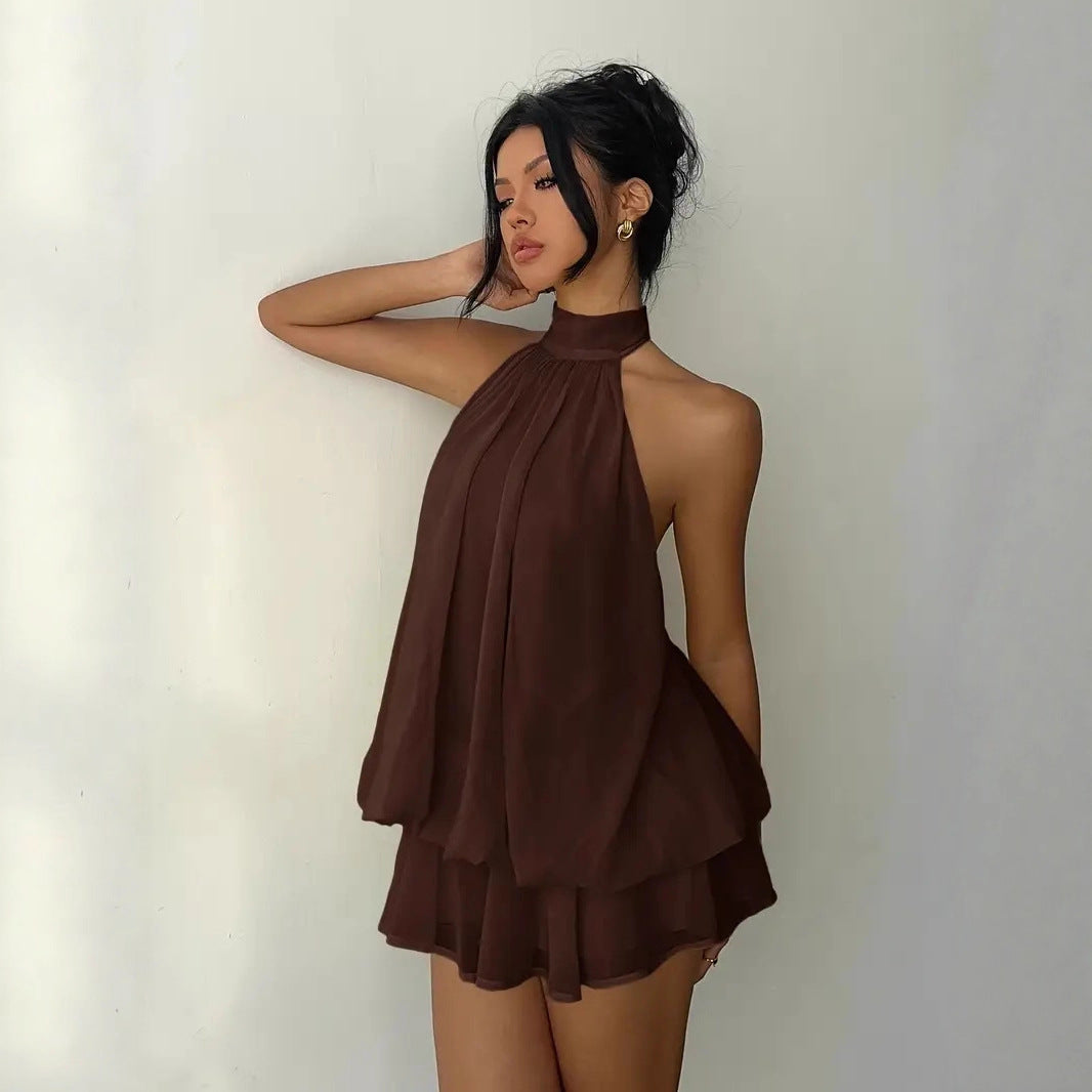 Women's Chiffon Mini Dress Halter Neck Tiered Ruffle Sleeveless Beach Casual