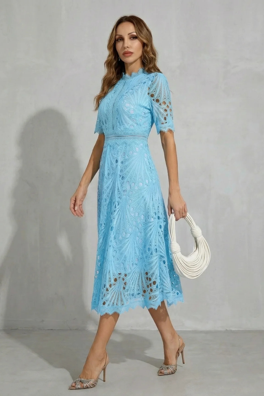 Women's Lace Midi Dress High Neck Short Sleeve Eyelet A-Line Cocktail Party