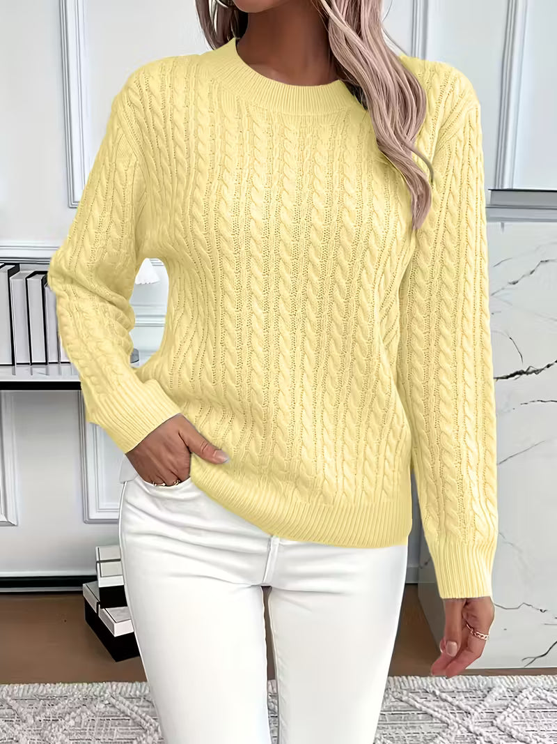 Women's Cable Knit Sweater Crew Neck Long Sleeve Pullover Casual