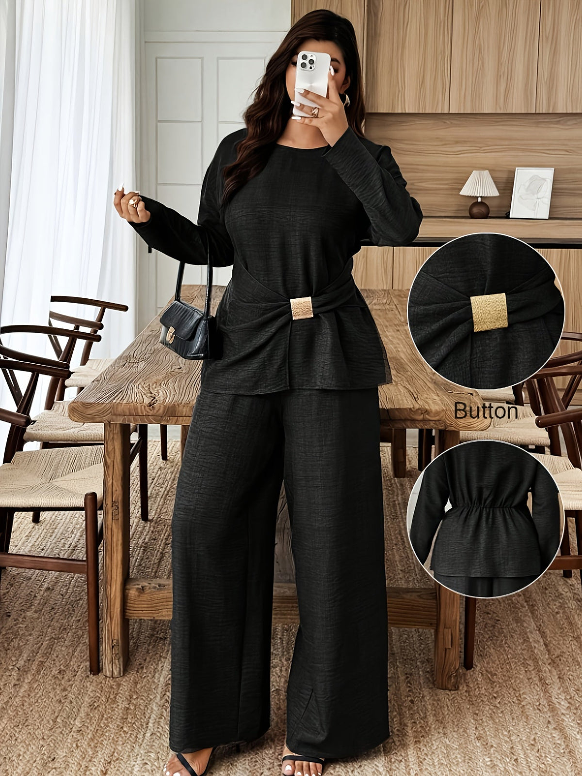 Women's Plus Size 2-Piece Set Waist-Cinching Top Round Neck Long Sleeve Wide-Leg Pants Casual