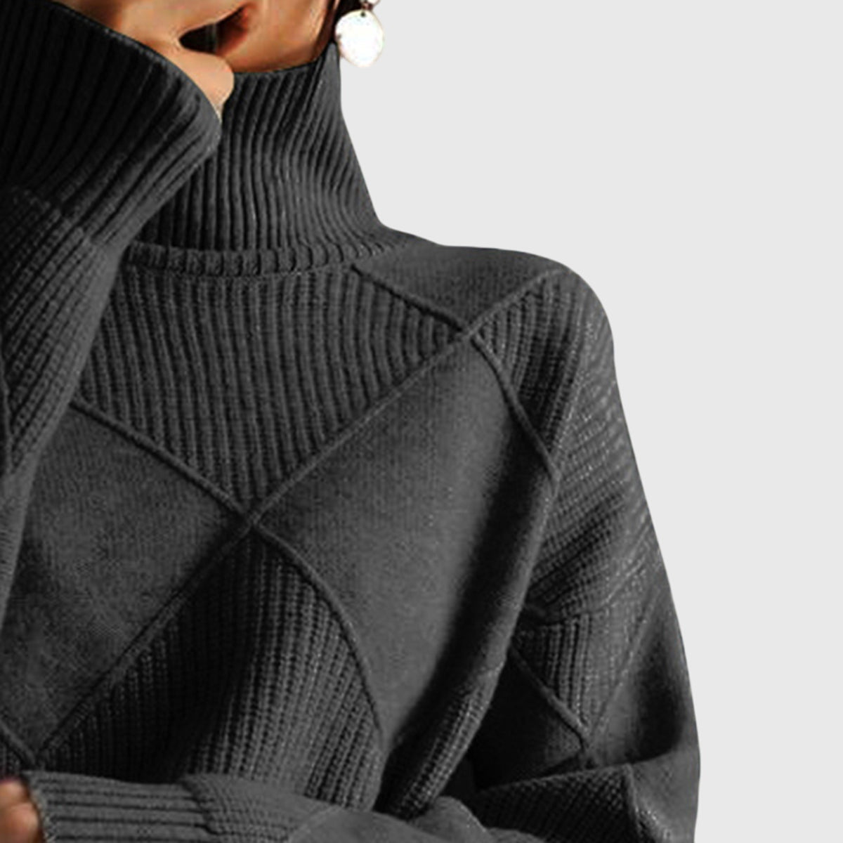 Women's Turtleneck Sweater Argyle Textured Long Sleeve Knit Pullover Winter